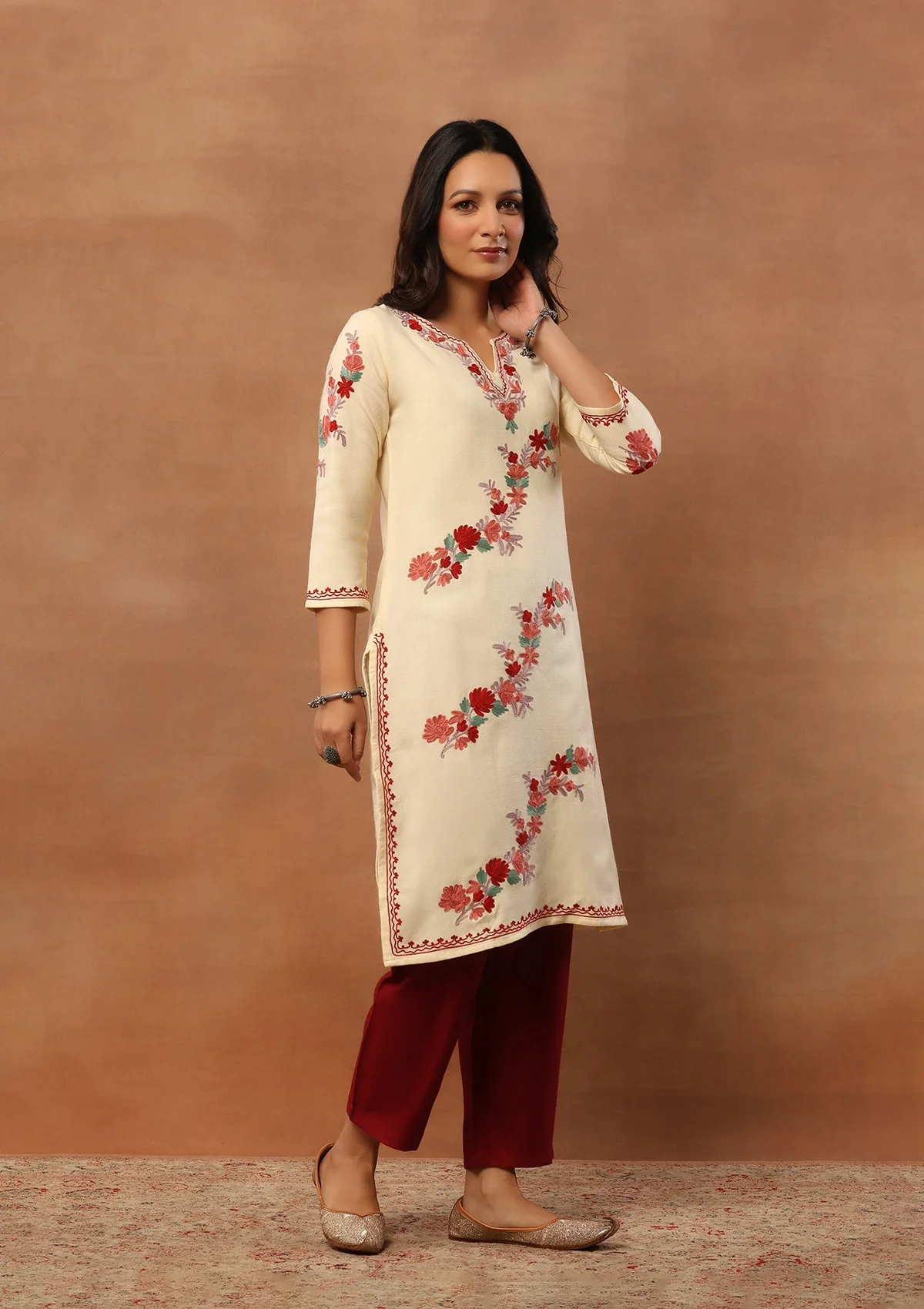 HOC Aari Embroidered Woollen Solid Women's Long Kurta - Cream - Healthber