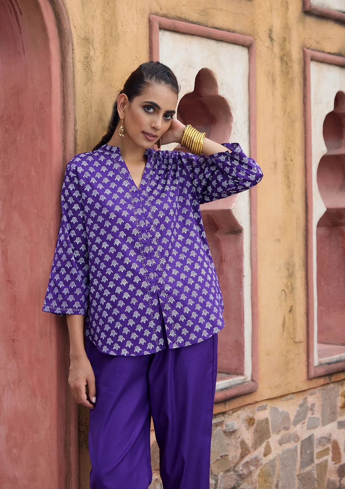 HOC Glazed Cotton Hand Block Printed with Hand Embroidery Women's Short Kurta - Dark Purple - Healthber