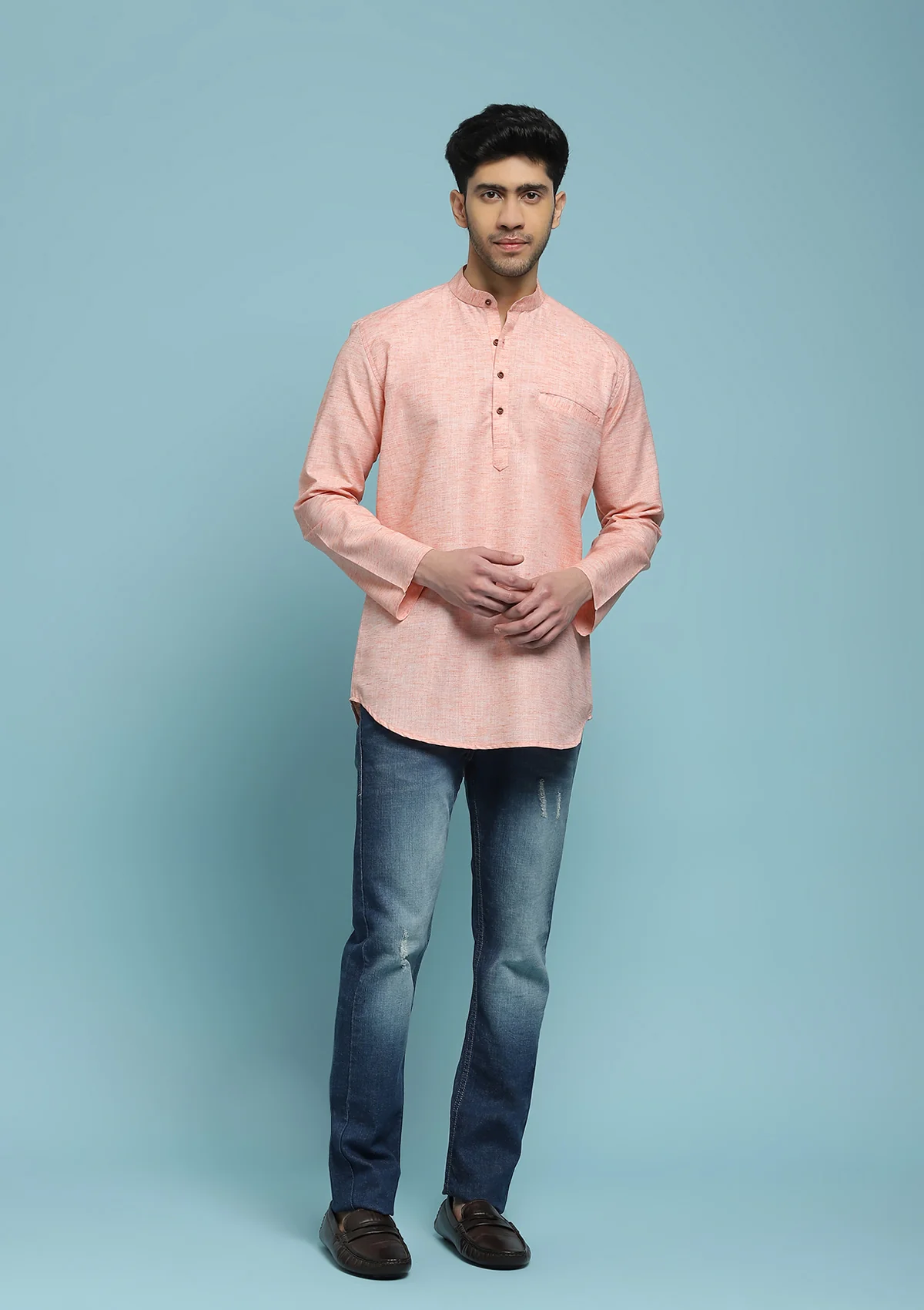 HOC Poly Cotton Solid Men's Short Kurta - Peach - Healthber