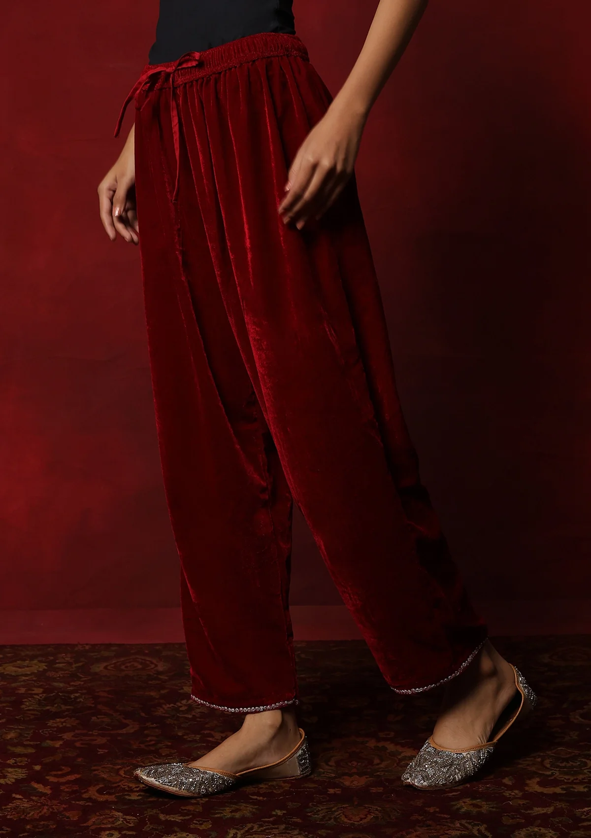 HOC Kashmiri Velvet Tilla Embroidered Solid Women's 2 PC Phiran Set -Maroon - Healthber
