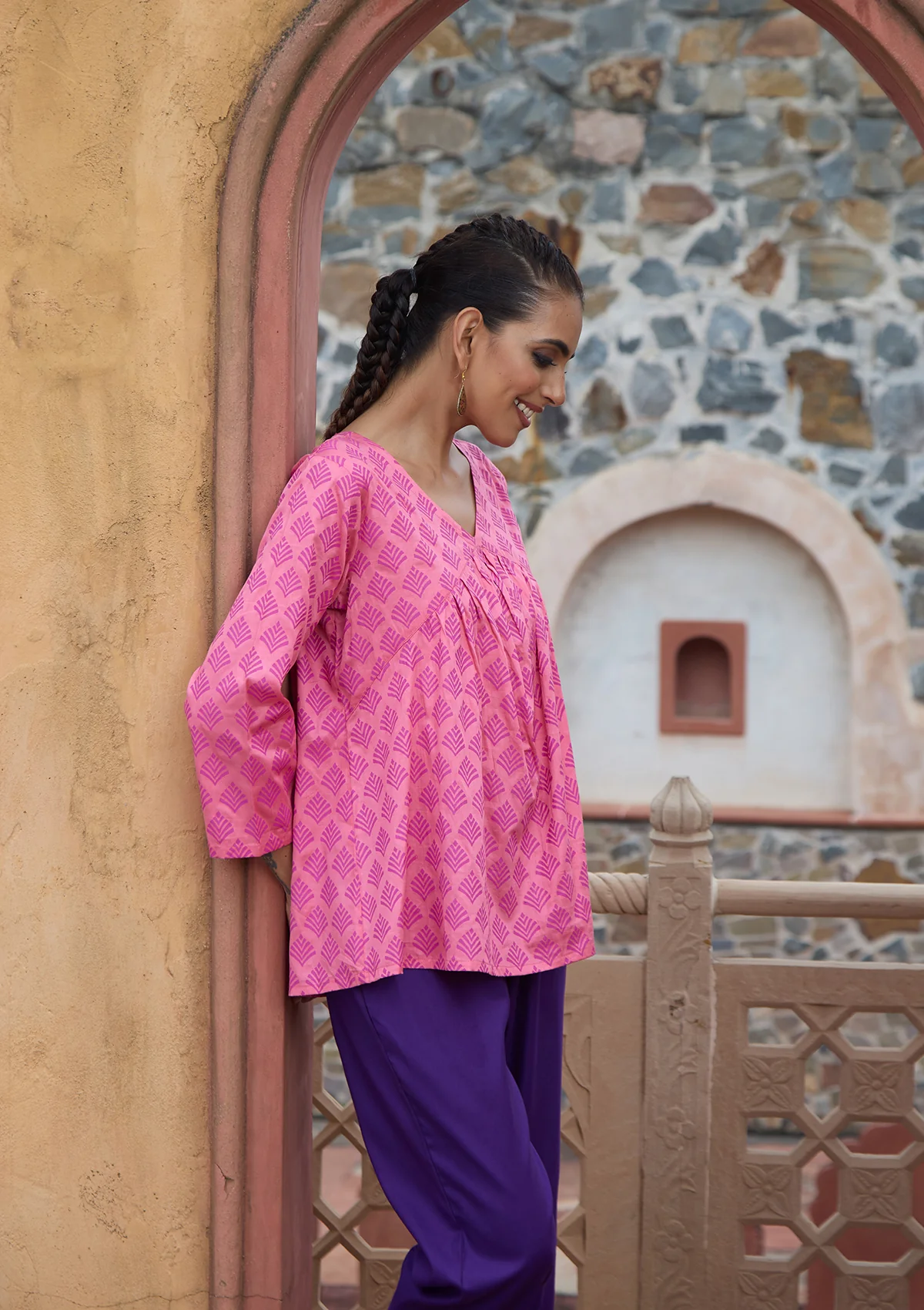 HOC Glazed Cotton Hand Block Printed Women's Short Kurta - Pink - Healthber