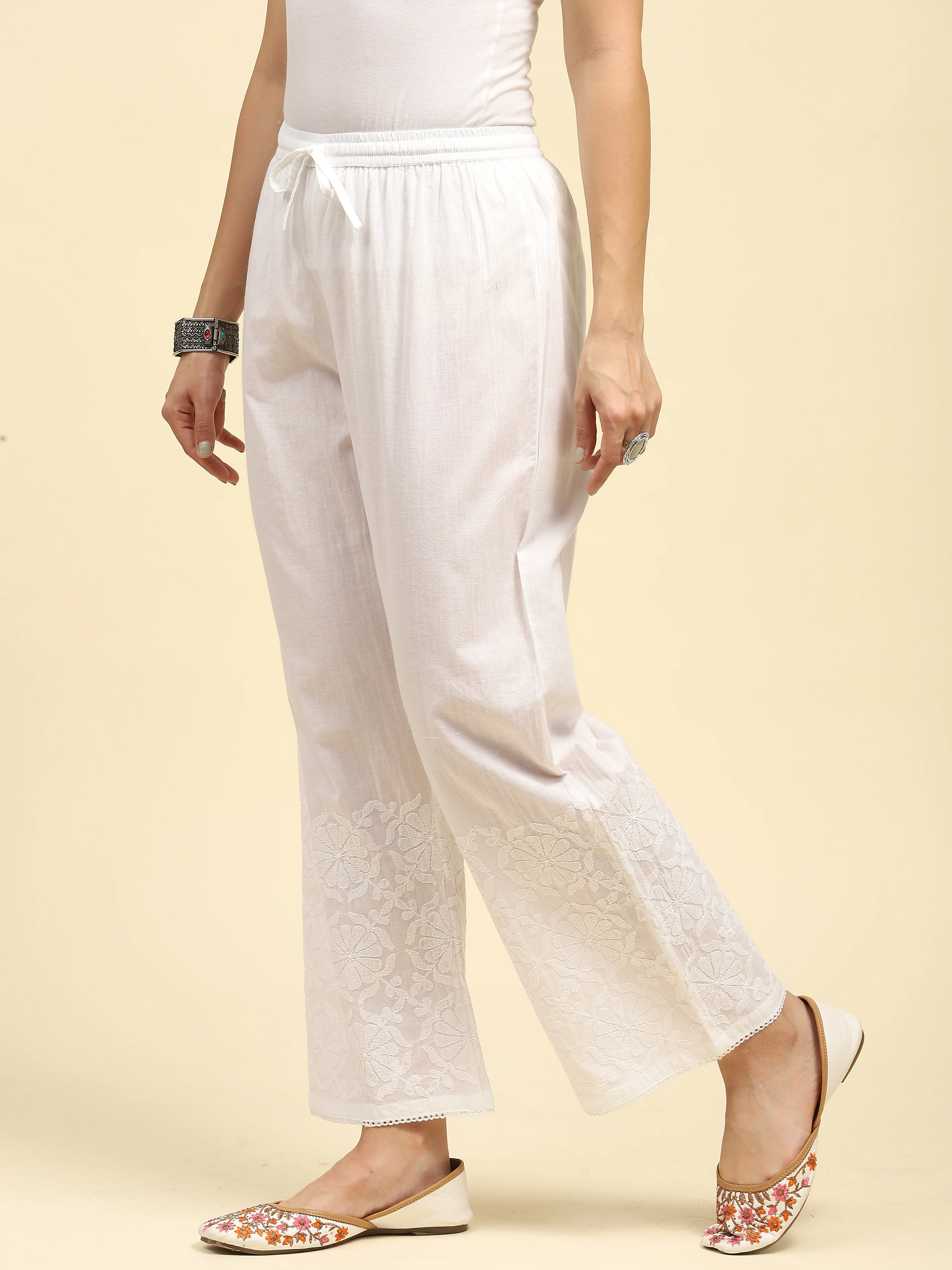 HOC Cotton Chikankari Solid Women's Palazzo - White - Healthber