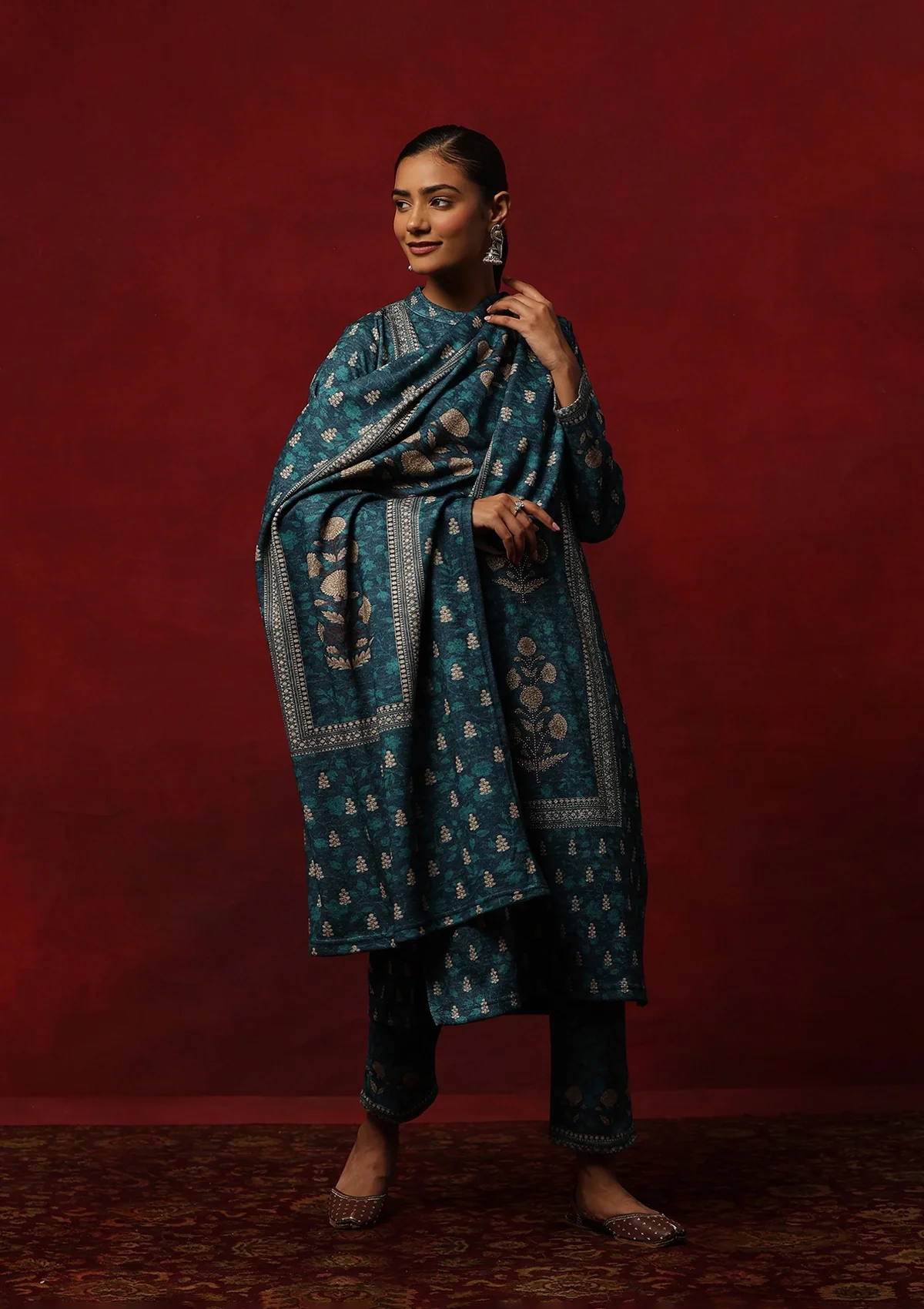 HOC Woollen Hand Embellished Printed Women's 3 PC Kurta Set - Teal Green - Healthber