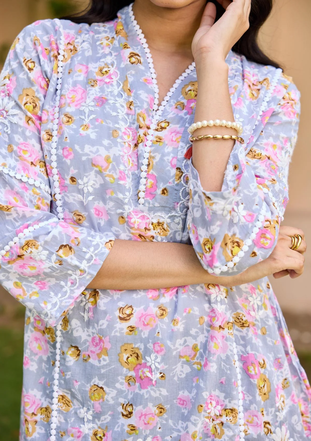 HOC Cotton Chikankari Printed Women's Short Kurta - Grey - Healthber