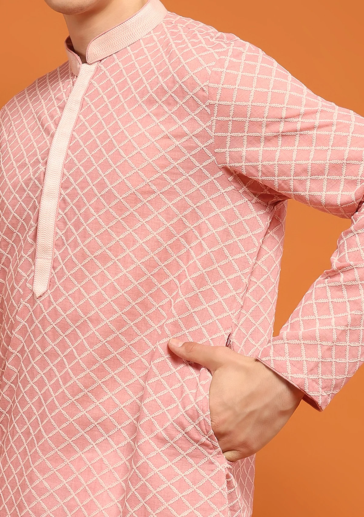 HOC Dobby Textured Solid Men's Long Kurta - Peach - Healthber