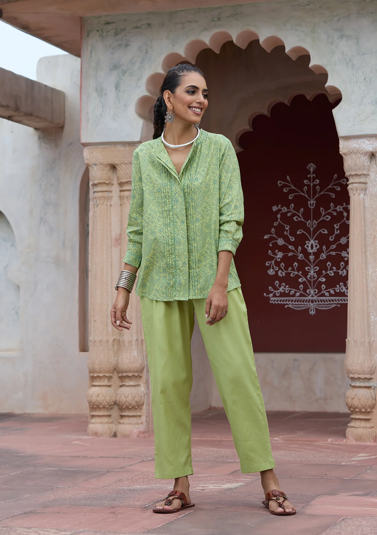 HOC Glazed Cotton Hand Block Printed with Hand Embroidery Women's 2 PC Co-ord Set - Green - Healthber