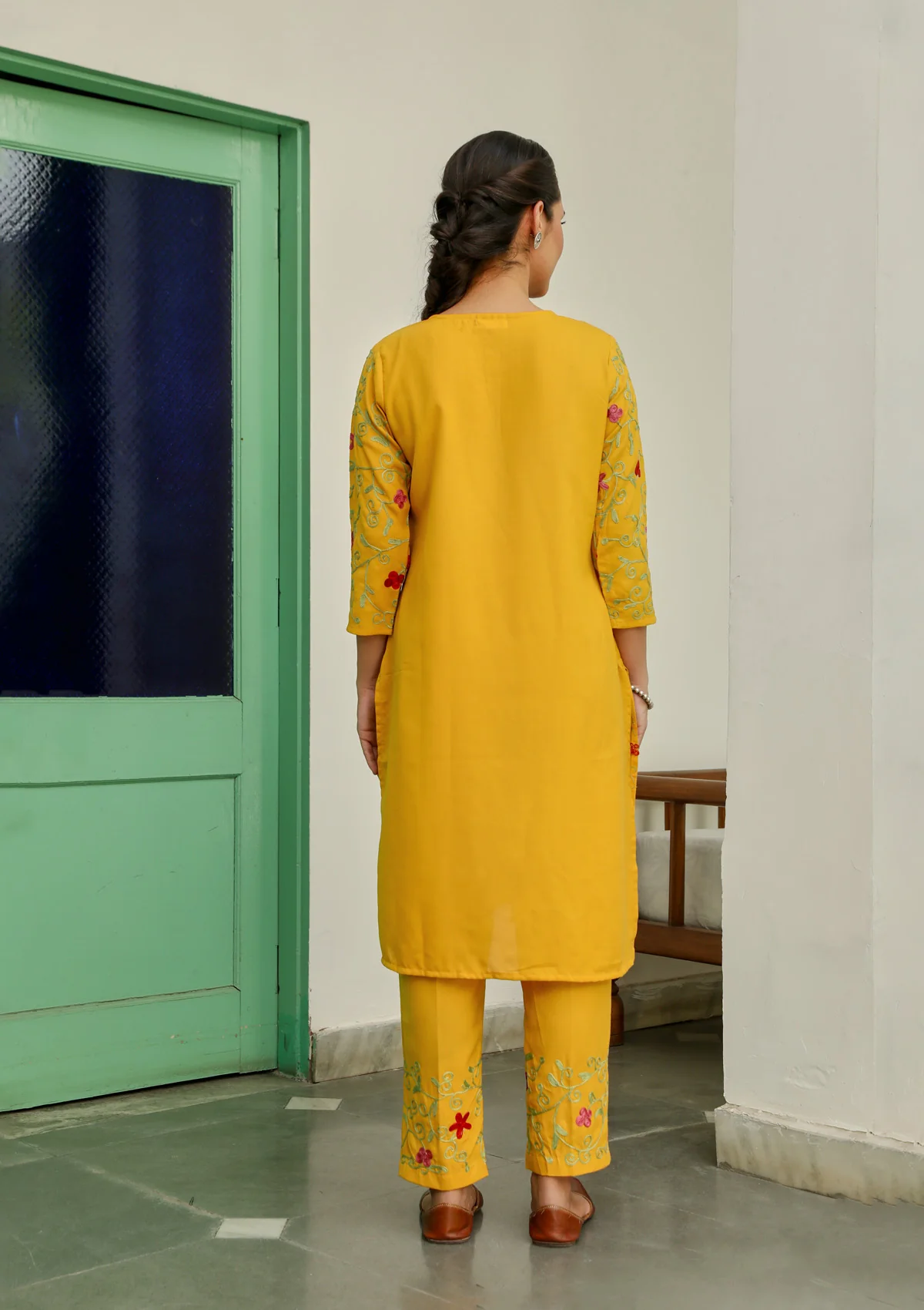 HOC Aari Embroidered Cotton Solid Women's 2PC Long Kurta Set - Mustard Yellow - Healthber