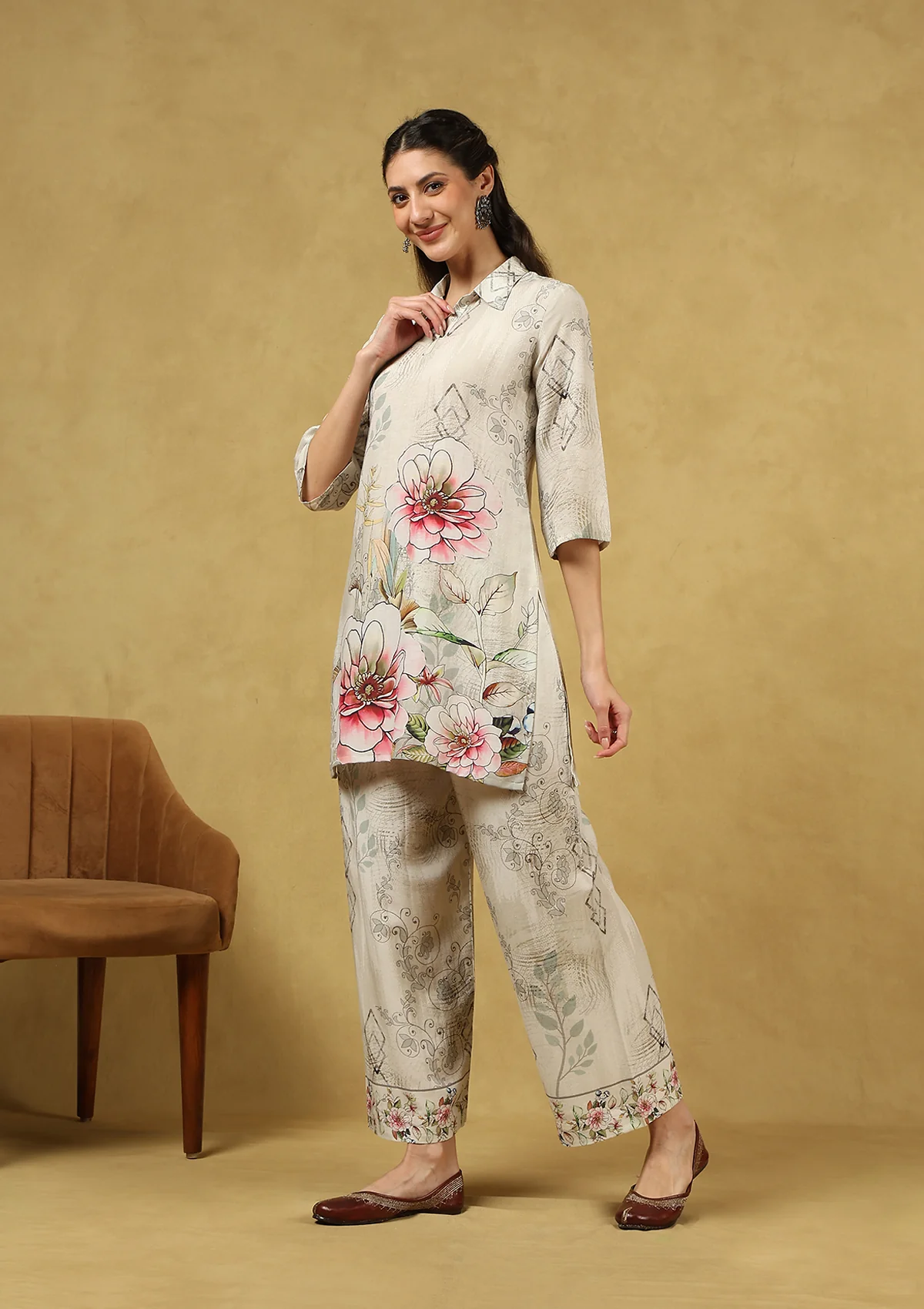 HOC Hand Embellished Viscose Linen Printed Women's 2 PC Co-ord Set - White - Healthber