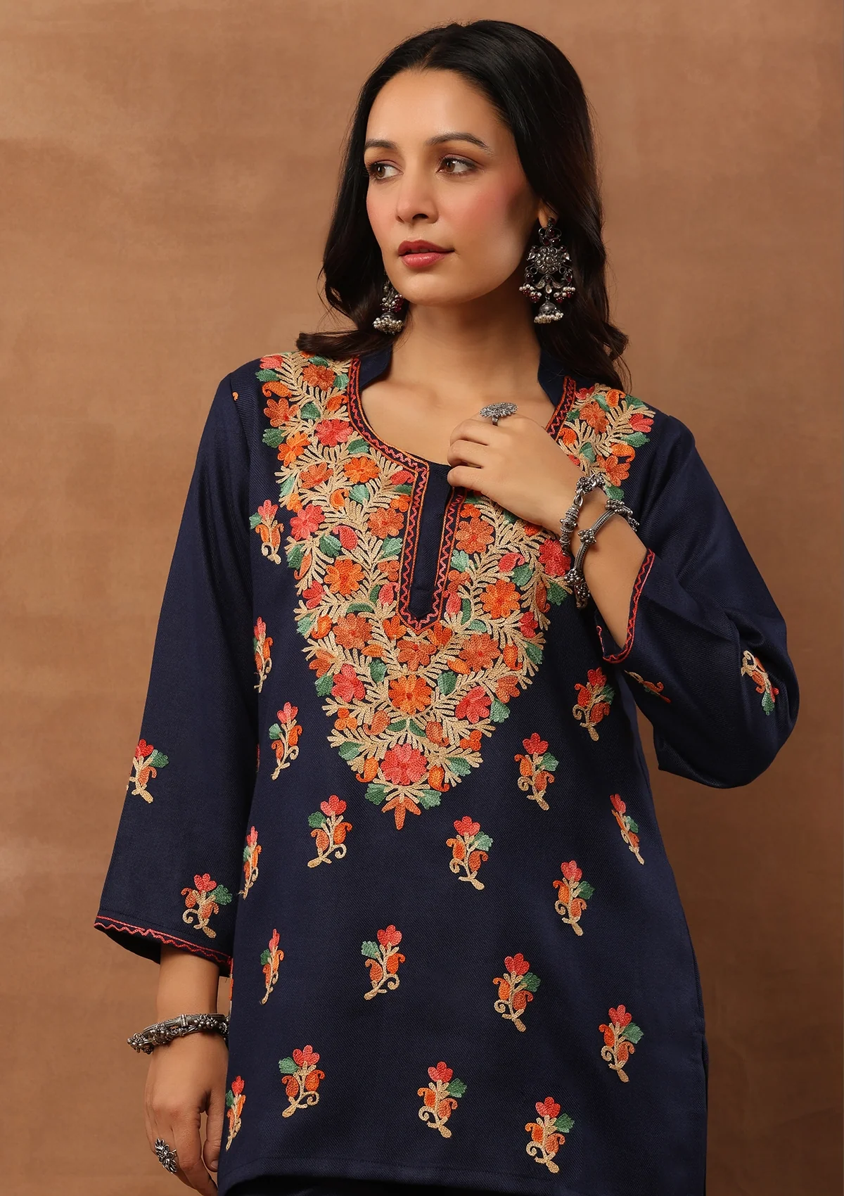 HOC Woollen Aari Embroidered Solid Women's 2 PC Short Kurta Set - Blue - Healthber