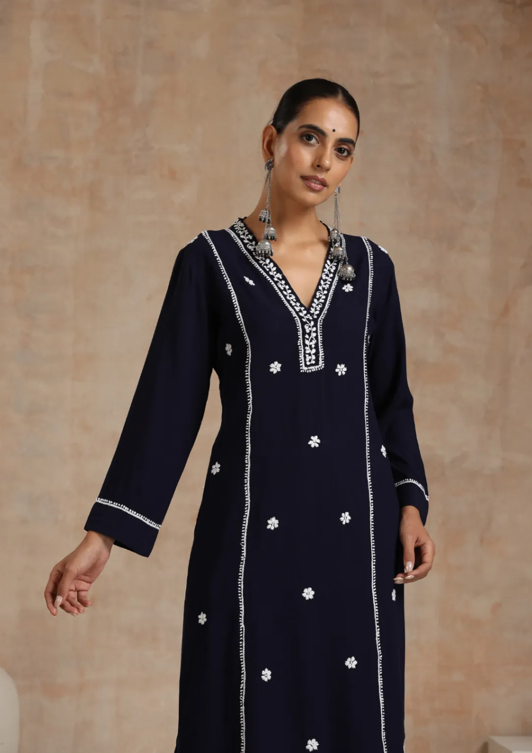 HOC Rayon Chikankari Solid Women's 2 PC Long Kurta Set - Navy Blue - Healthber