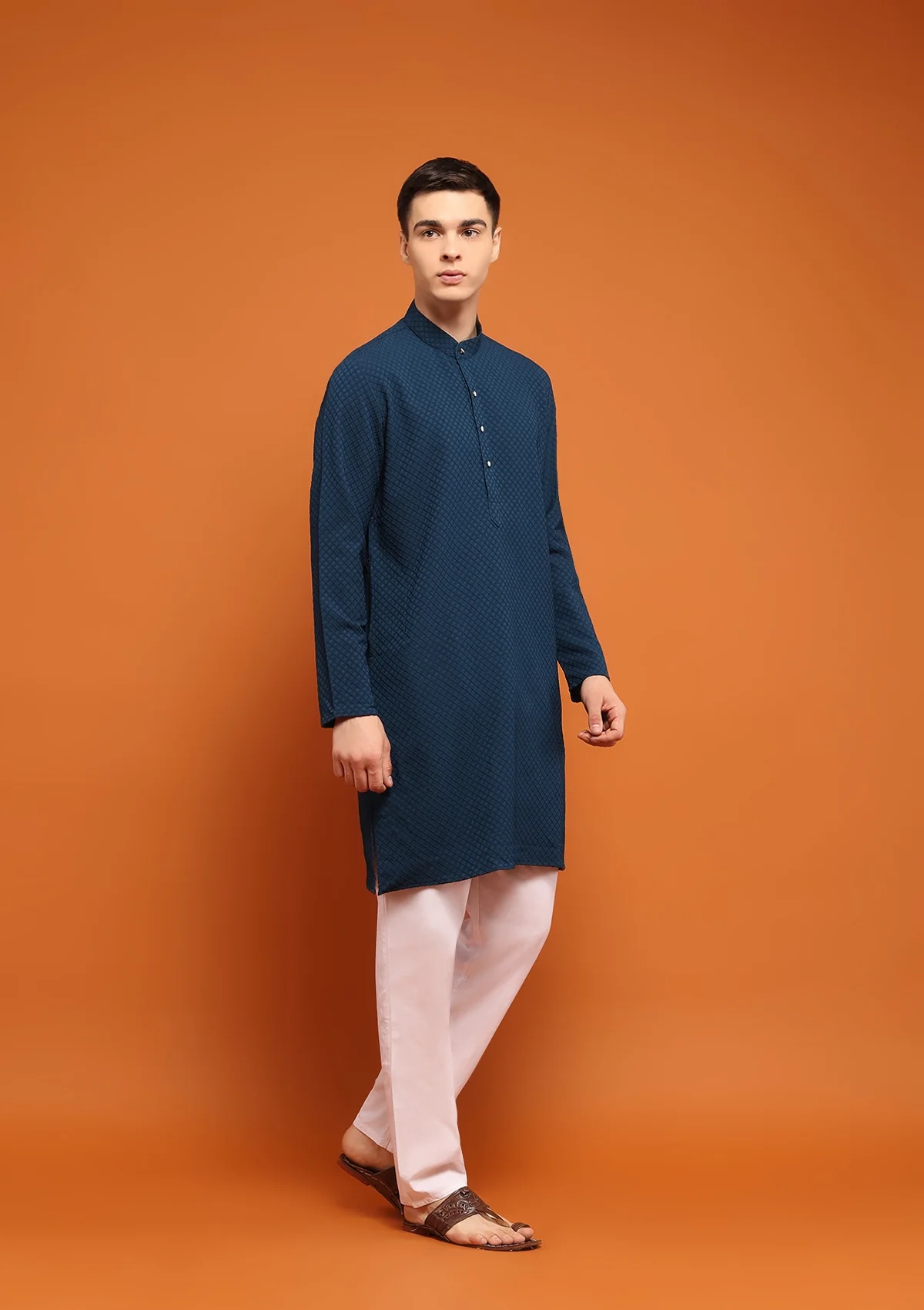 HOC Dobby Textured Solid Men's Long Kurta - Navy Blue - Healthber