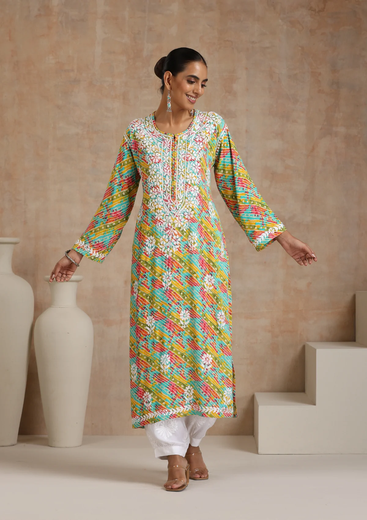 HOC Rayon Chikankari Printed Women's Long Kurta - Dark Green - Healthber