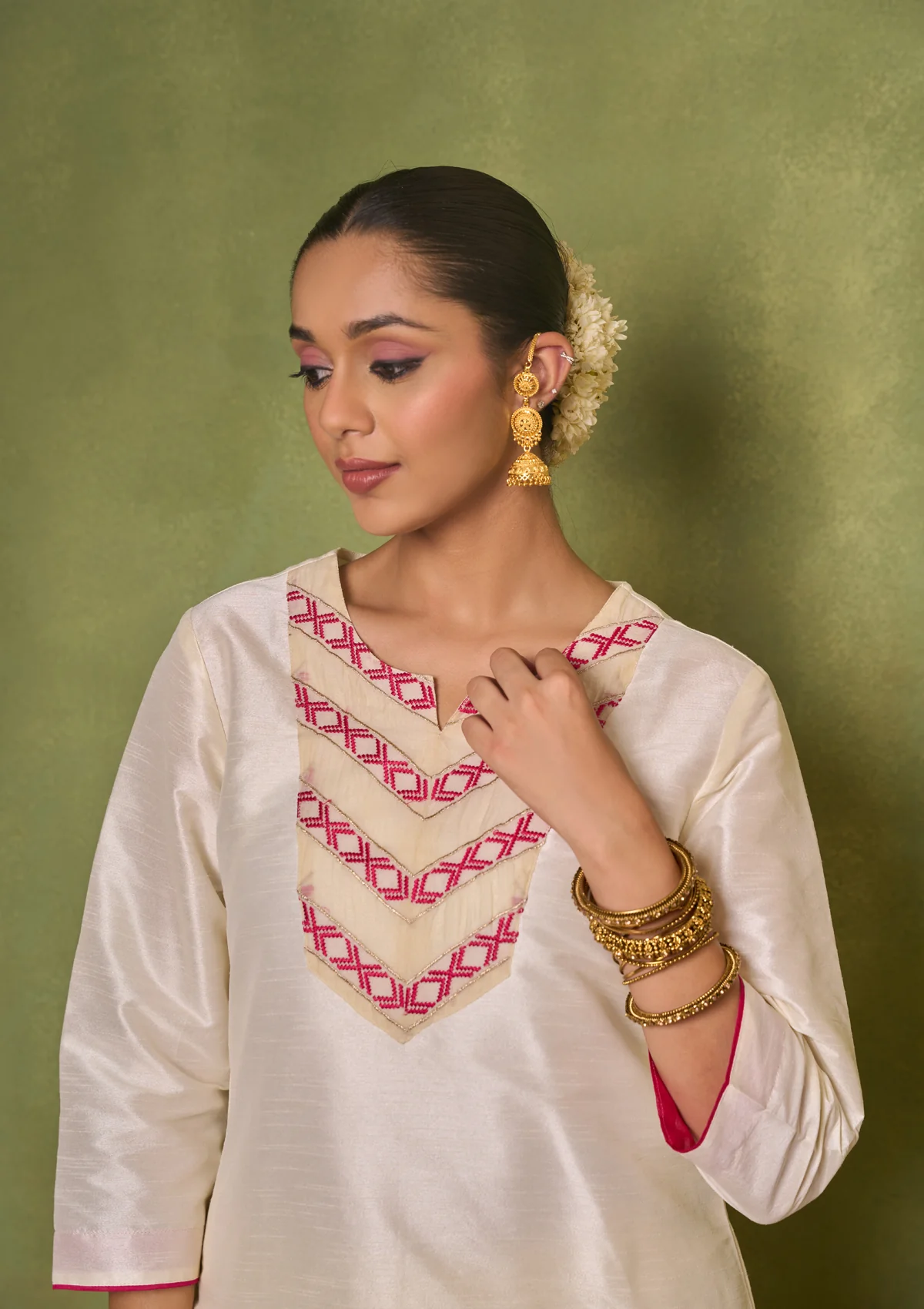 HOC Silk Blend Solid Women's 3 PC Long Kurta Set - Cream - Healthber