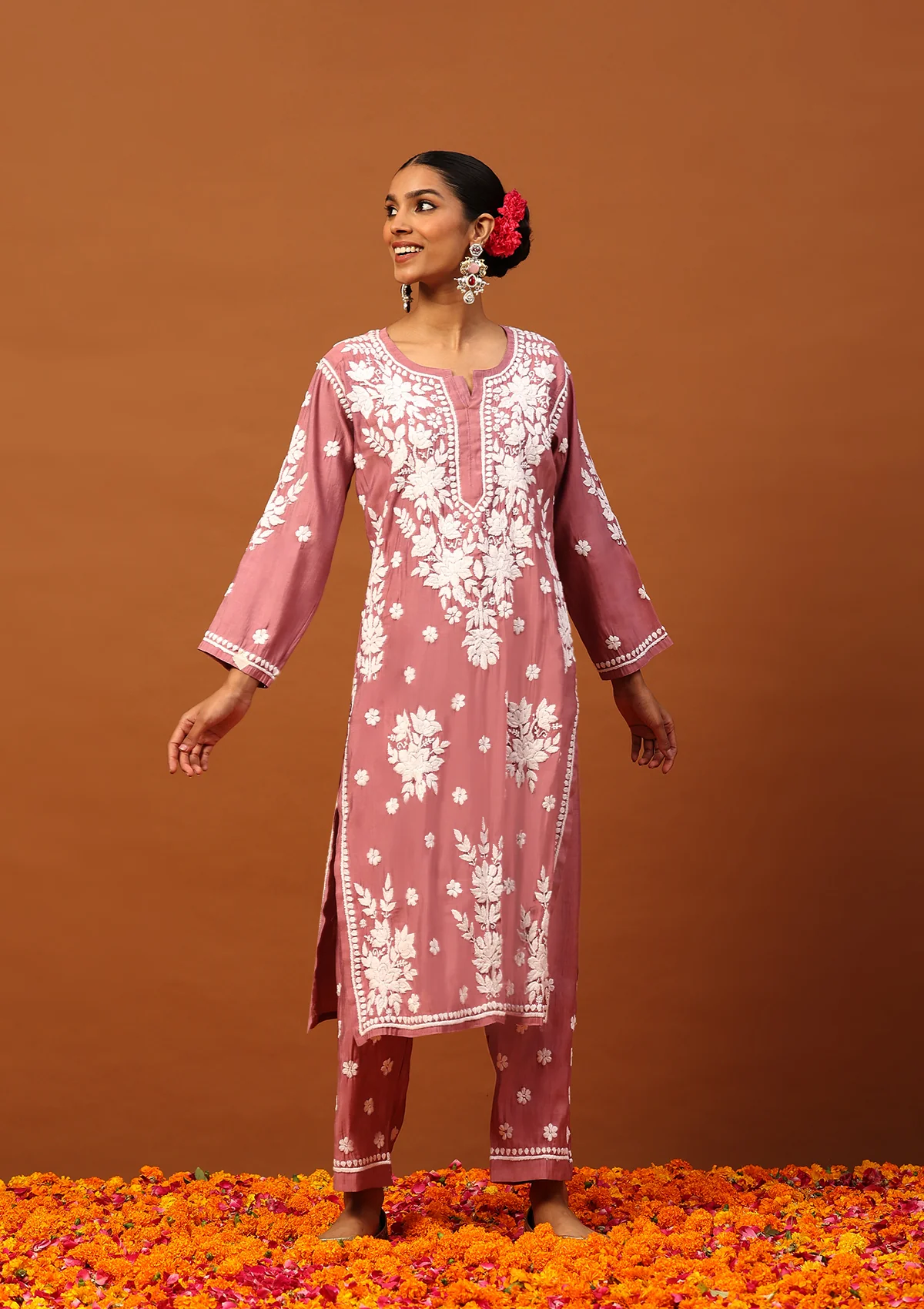 HOC Chanderi Chikankari Solid Women's 2 PC Long Kurta Set -Mauve - Healthber