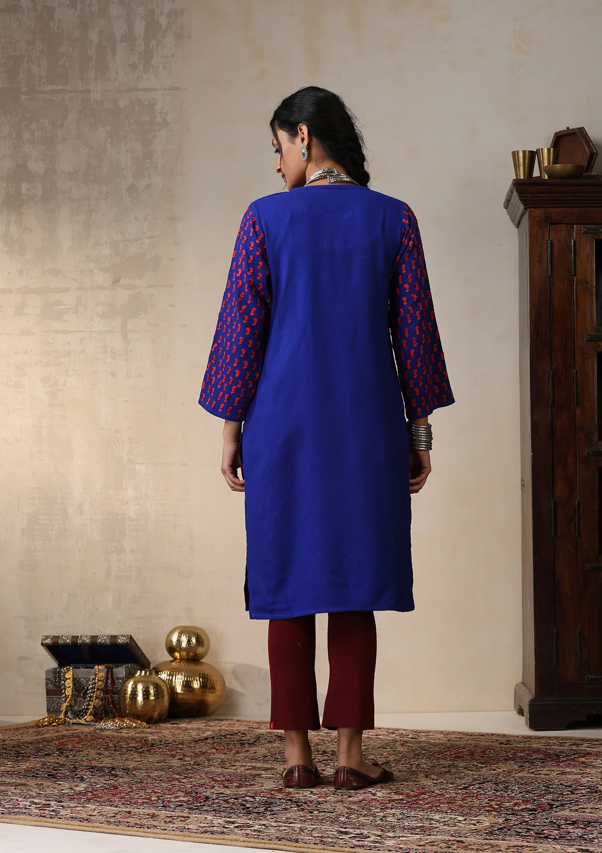 HOC Aari Embroidered Woollen Solid Women's Long Kurta - Royal Blue - Healthber