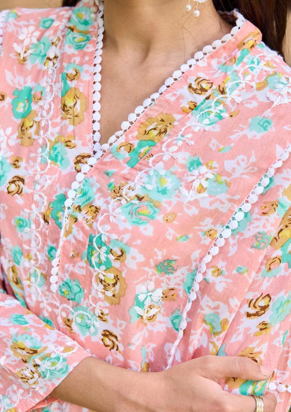 HOC Cotton Chikankari Printed Women's Short Kurta - Peach - Healthber