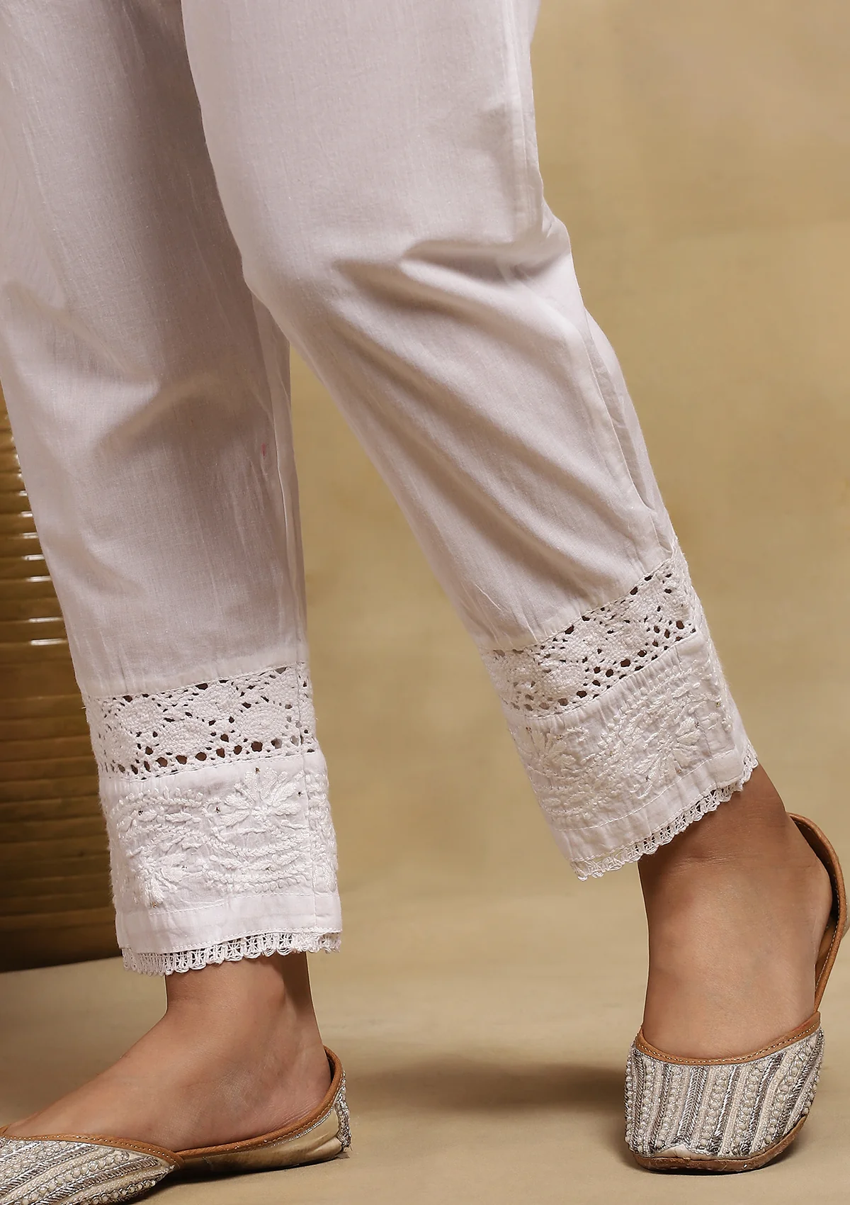 HOC Cotton Chikankari Mukaish Solid Women's Pants With Lace - White - Healthber