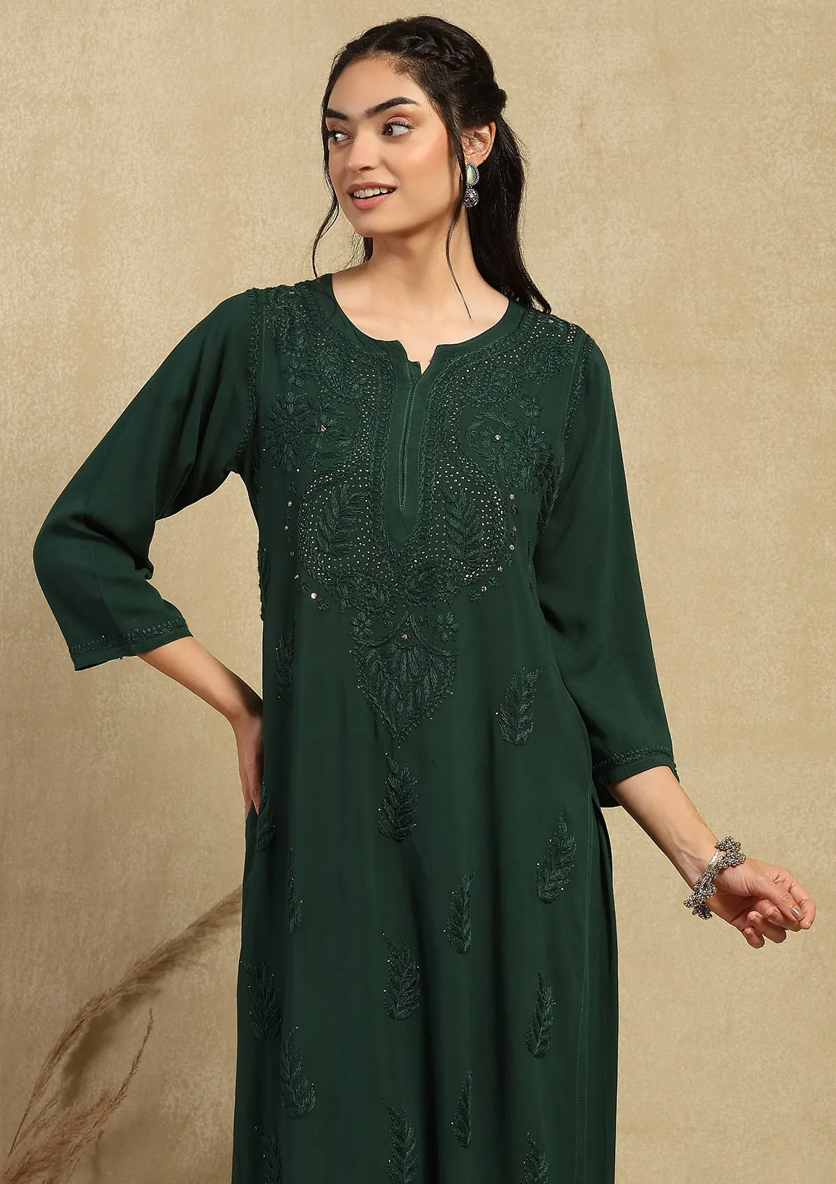 HOC Rayon Chikankari Mukaish Solid Women's 2PC Long Kurta Set - Dark Green - Healthber