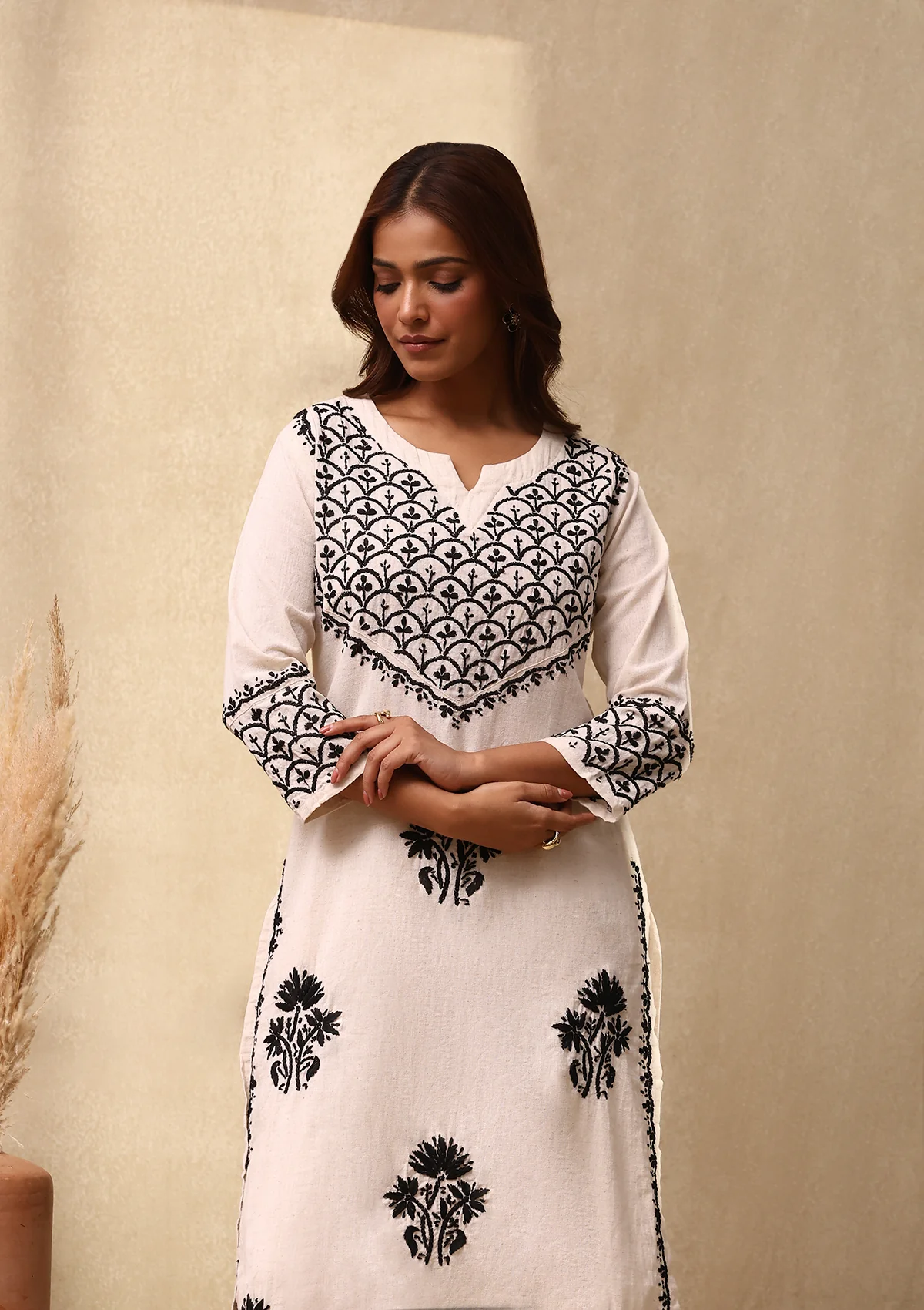 HOC Cotton Linen Blend Chikankari Solid Women's 2PC Long Kurta Set - Off White - Healthber