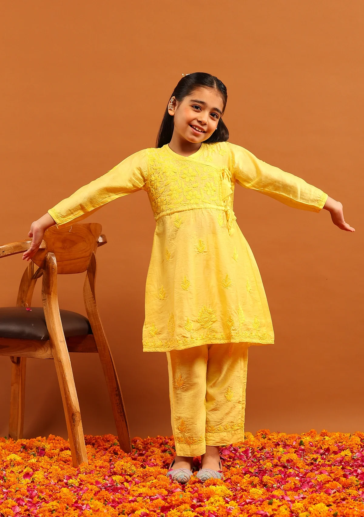 HOC Chanderi Chikankari Solid Girl's 2 PC Kurta Set Angrakha-Yellow - Healthber