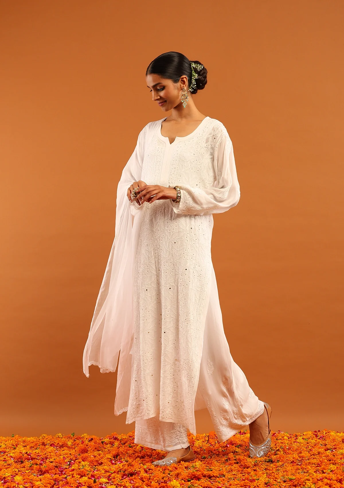 HOC Viscose Georgette Chikankari Mukaish & Kamdani Solid Women's 4 PC Long Kurta Set-White - Healthber