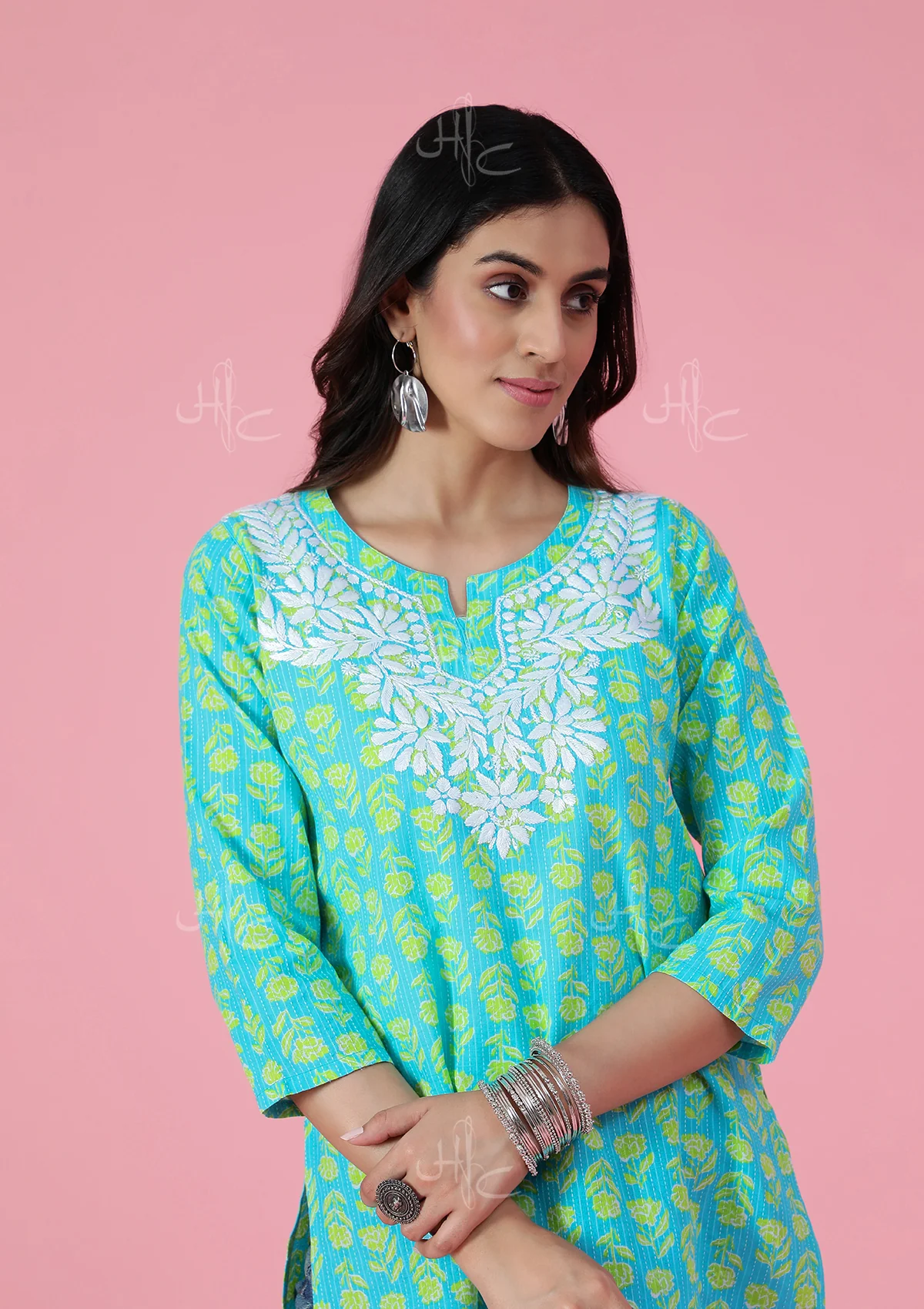 HOC Kantha Cotton Chikankari Printed Women's Short Kurta - Blue - Healthber