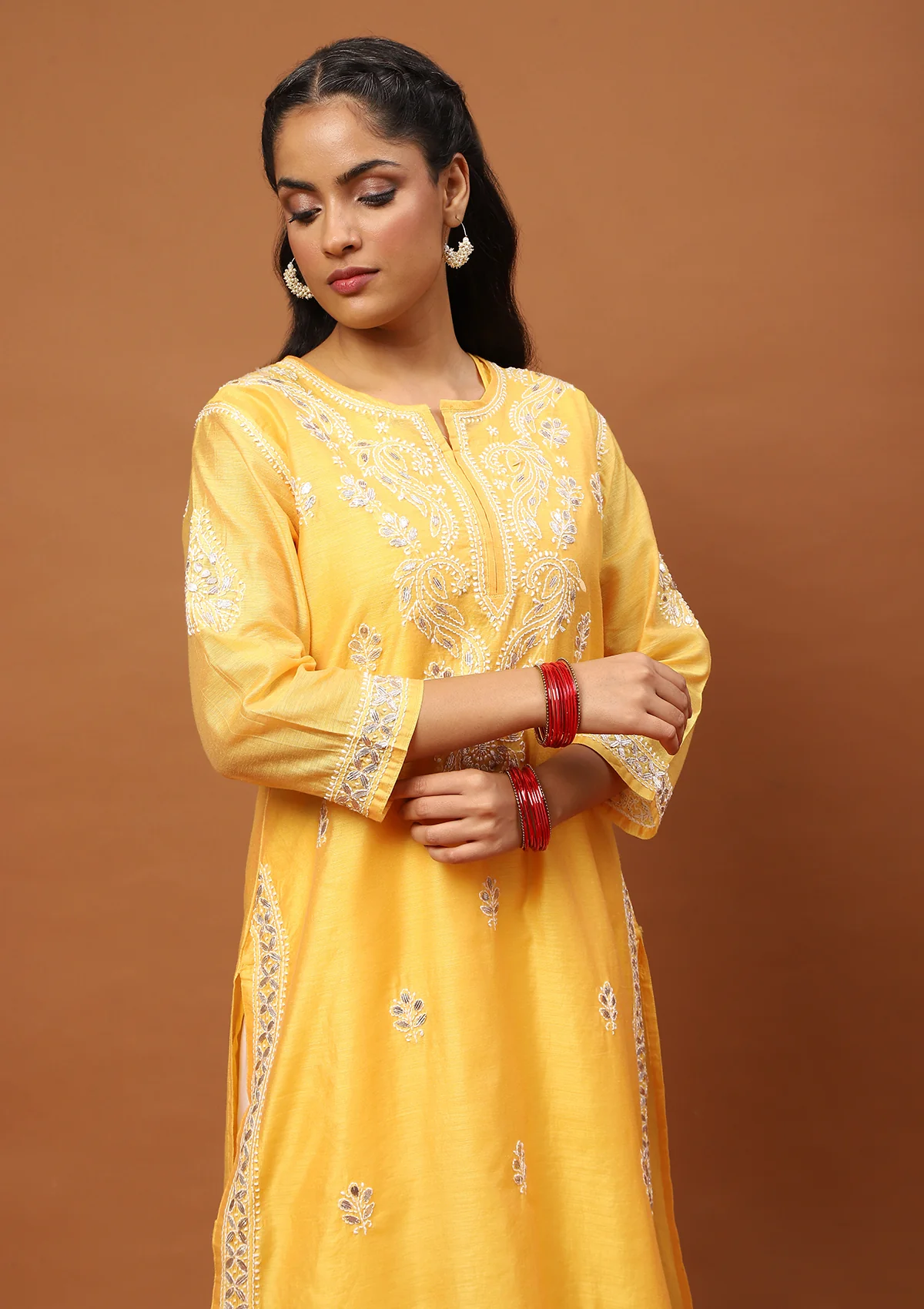 HOC Chanderi Chikankari Gota Work Solid Women's 4 PC Long Kurta Set -Mustard - Healthber