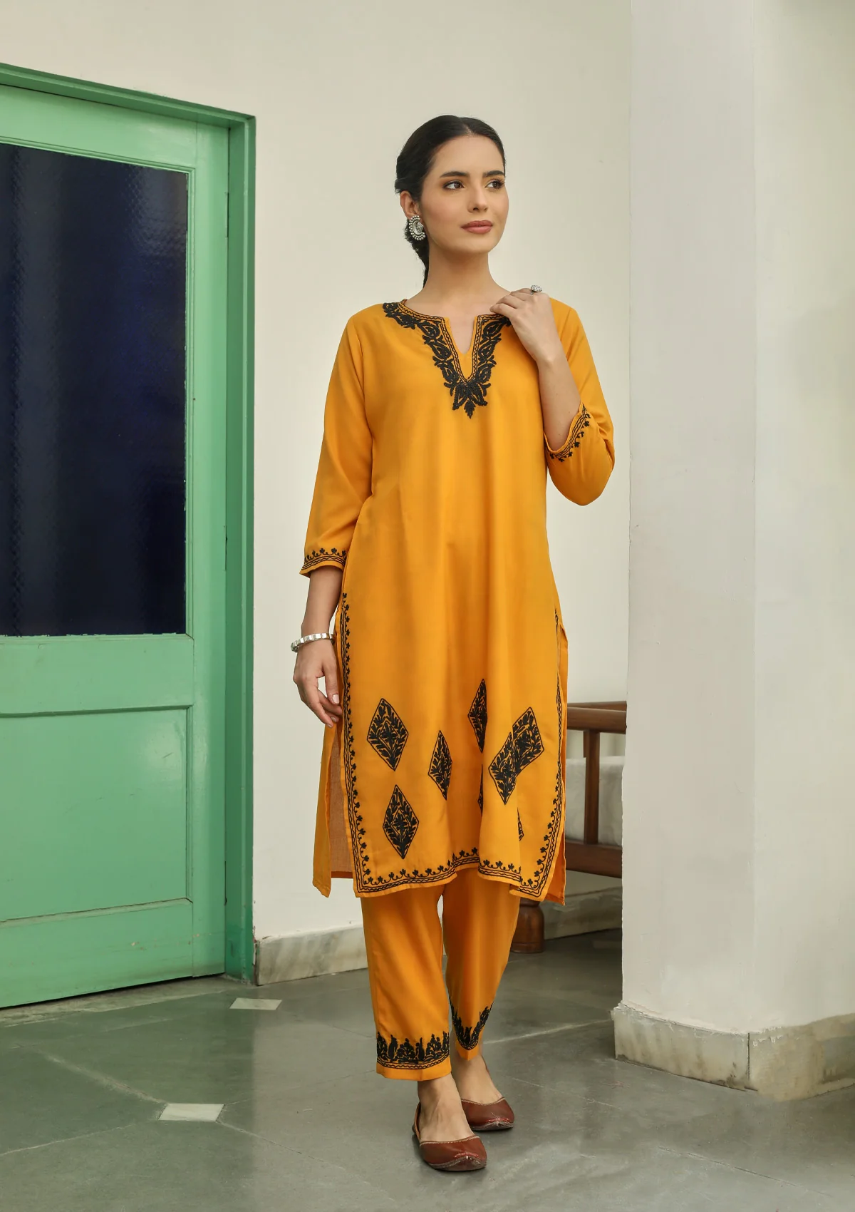 HOC Aari Embroidered Cotton Solid Women's 2PC Long Kurta Set - Mustard - Healthber