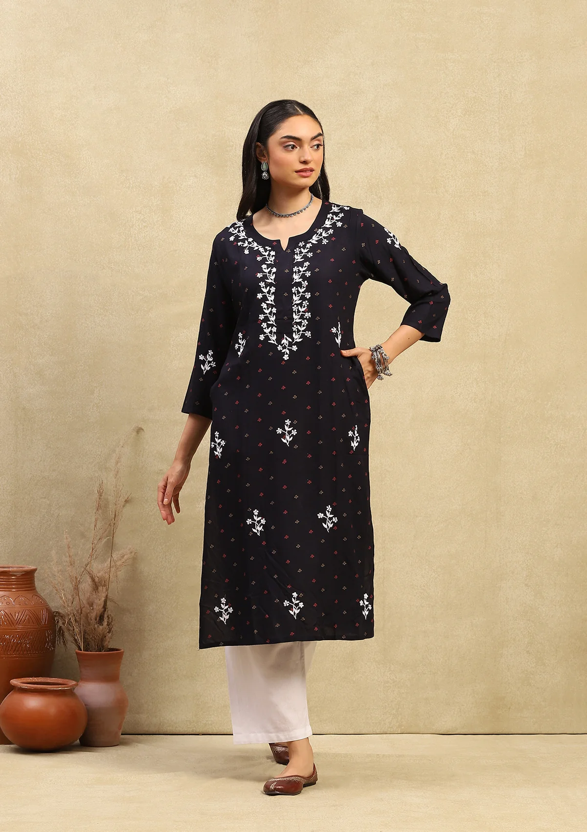 HOC Rayon Chikankari Printed Women's Long Kurta - Navy Blue - Healthber