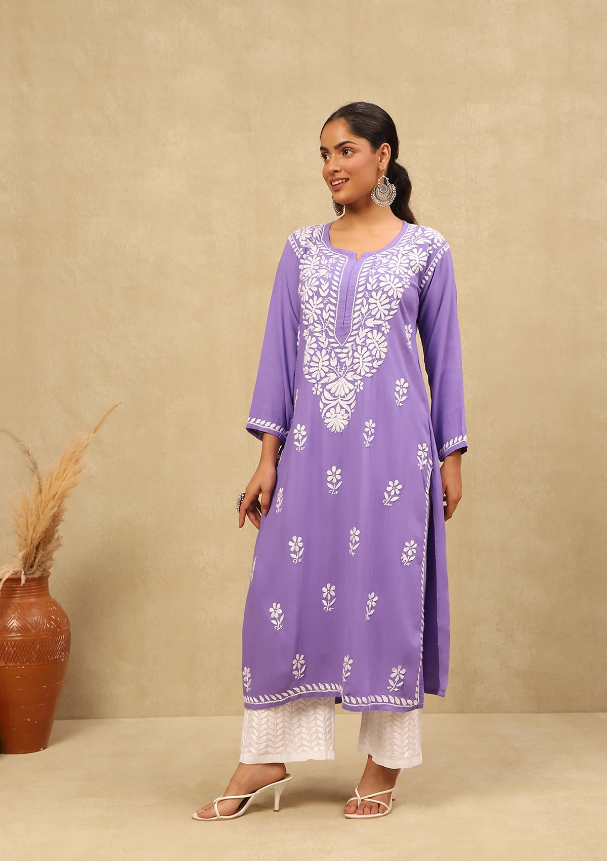 HOC Rayon Chikankari Solid Women's Long Kurta -Lavender - Healthber