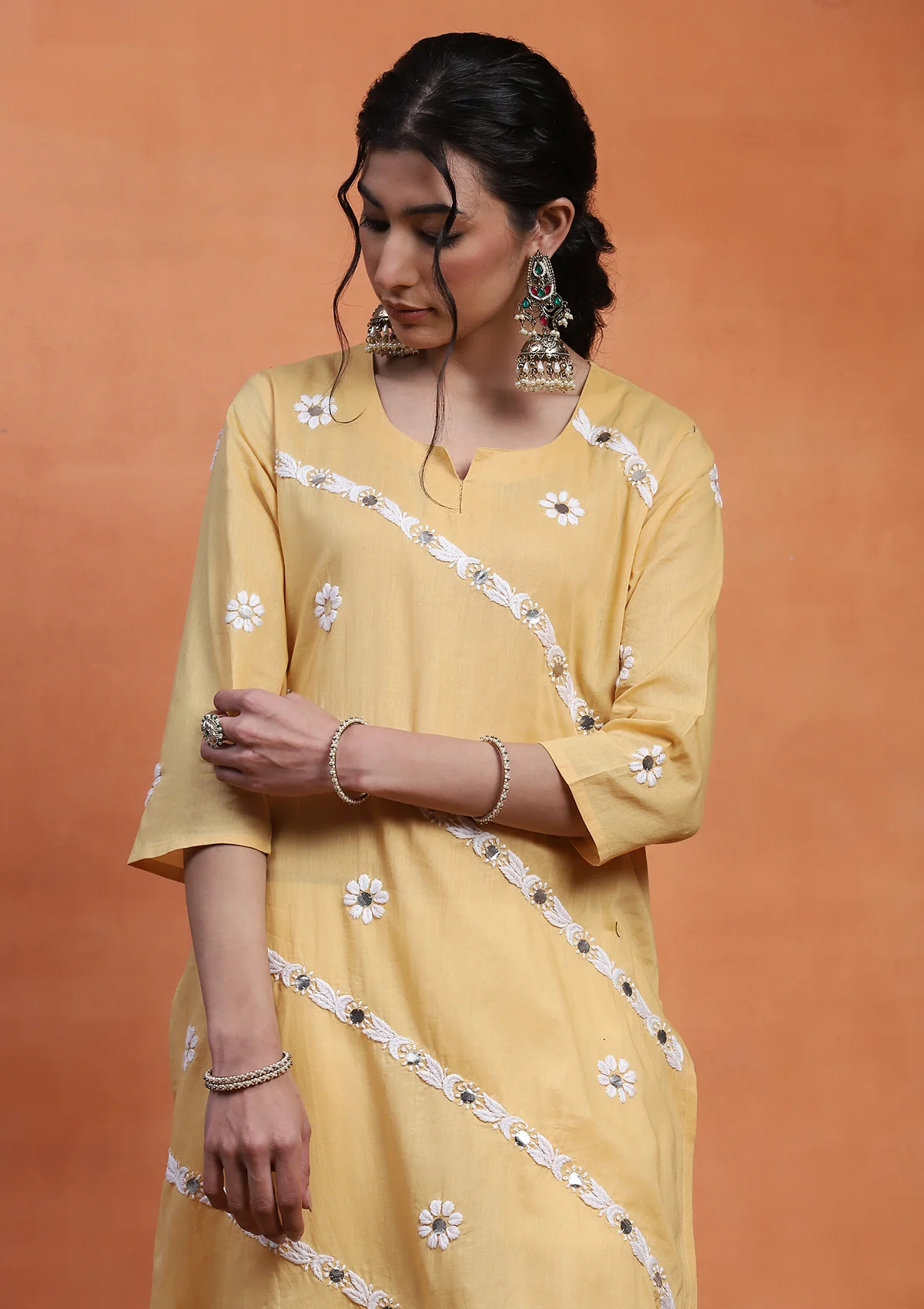 HOC Cotton Chikankari Gota Work Women's Long Kurta - Yellow - Healthber