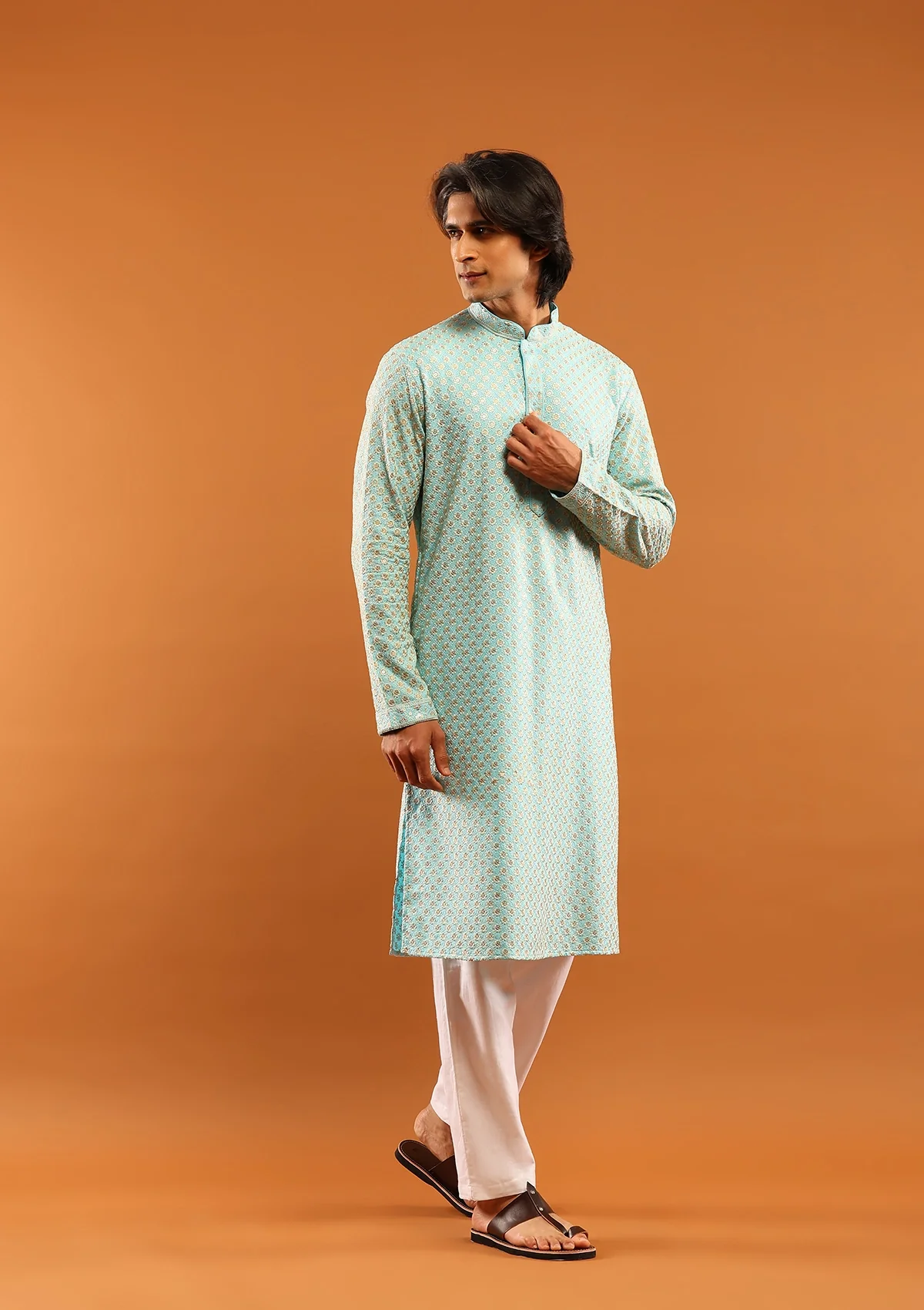 HOC Rayon Embroidered With Sequins Solid Men's Long Kurta- Aqua Blue - Healthber