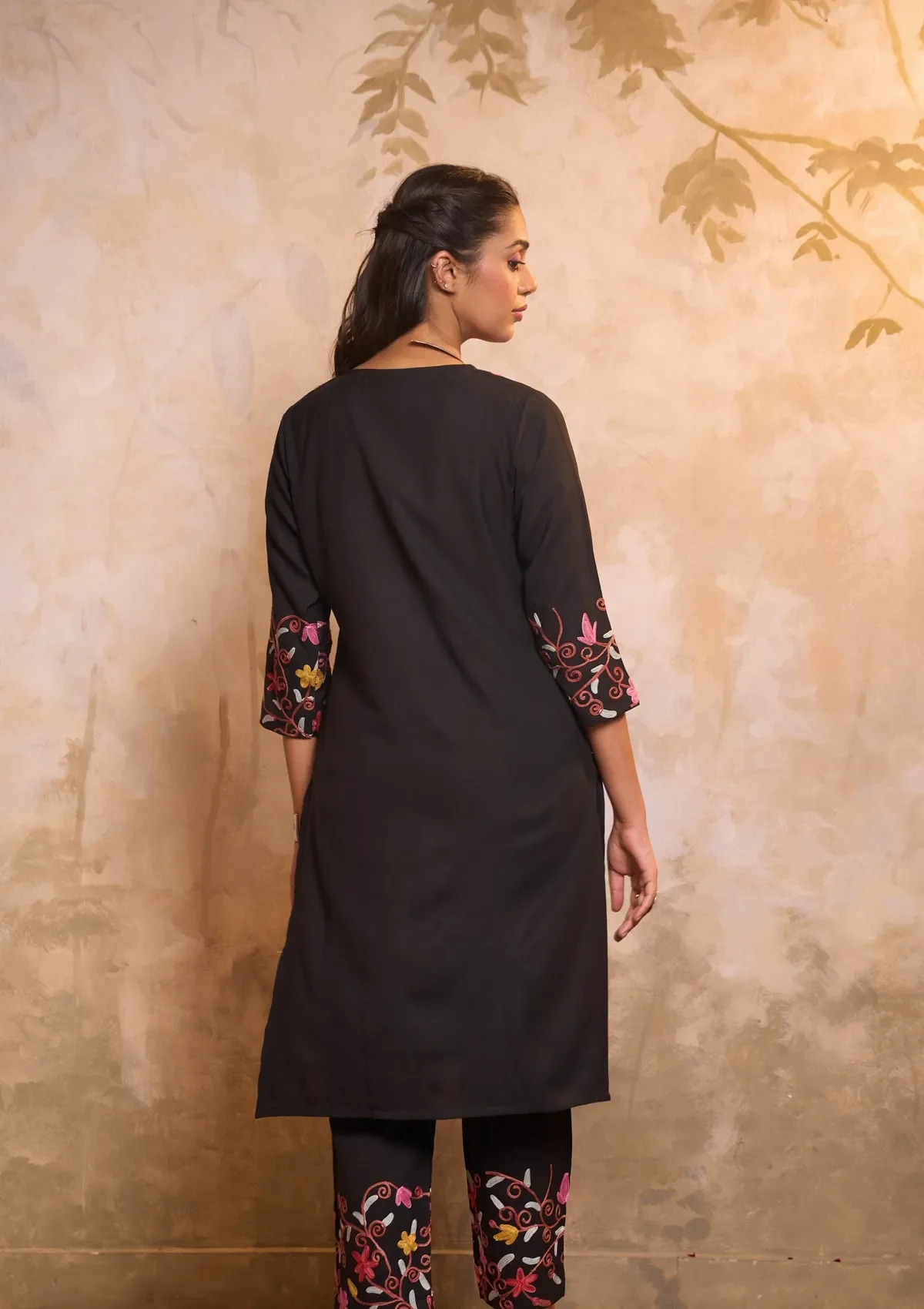 HOC Cotton Aari Embroidered Solid Women's 2 PC Long Kurta Set - Black - Healthber