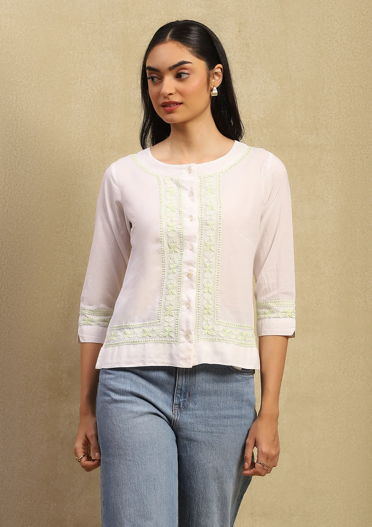 HOC Cotton Chikankari Solid Women's Shirt - White - Healthber