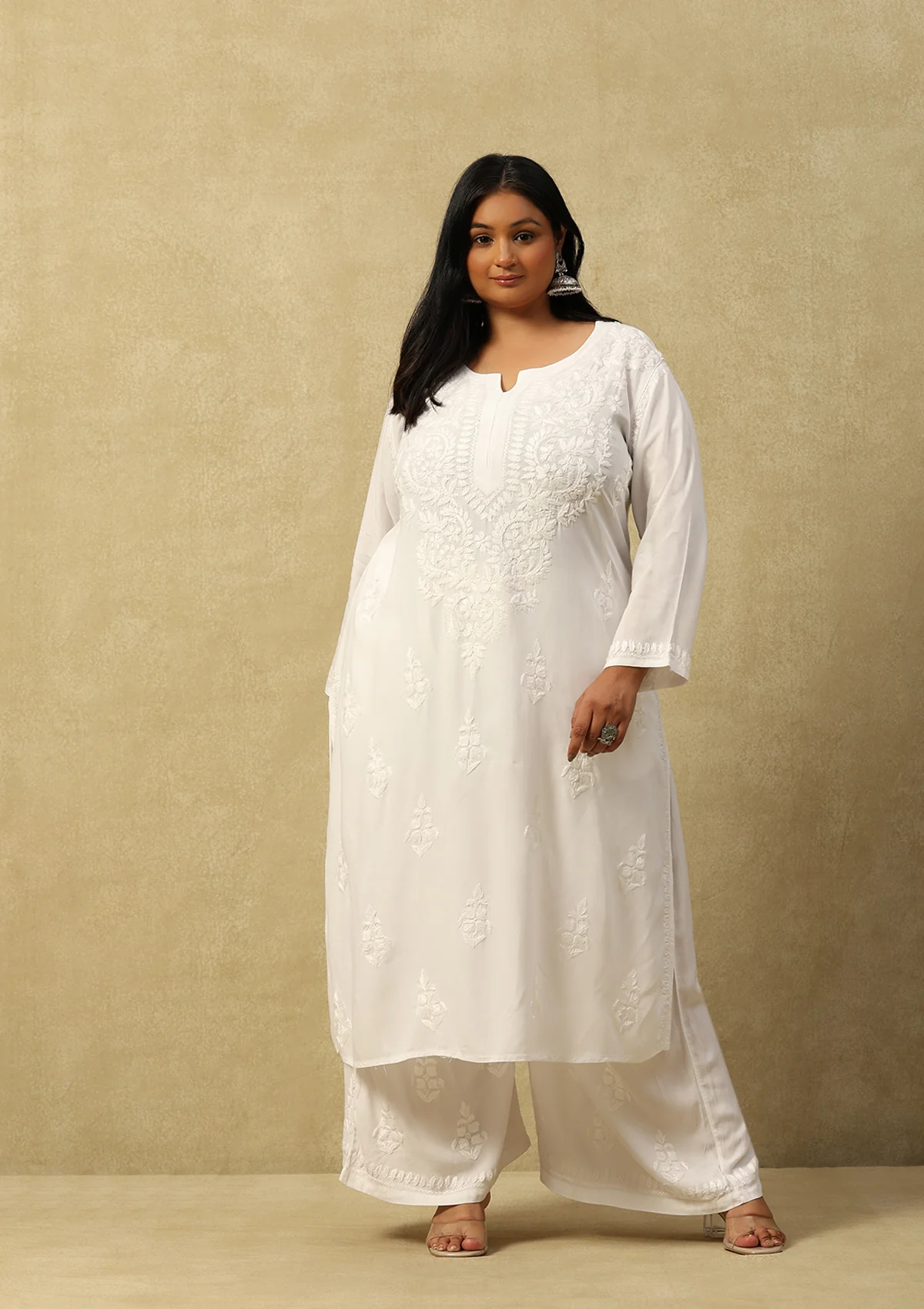 HOC Rayon Chikankari Solid Women's 2 PC Long Kurta Set- White - Healthber