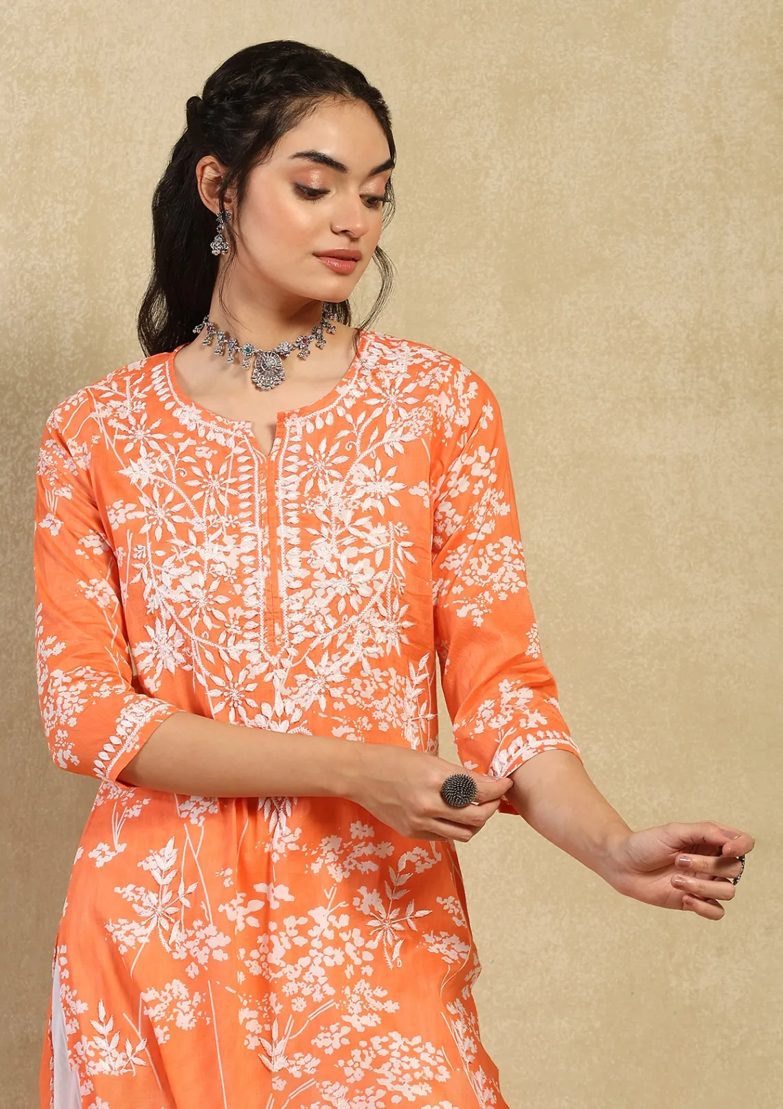 HOC Zainab Chikankari Mulmul Printed Straight Kurta -Orange - Healthber