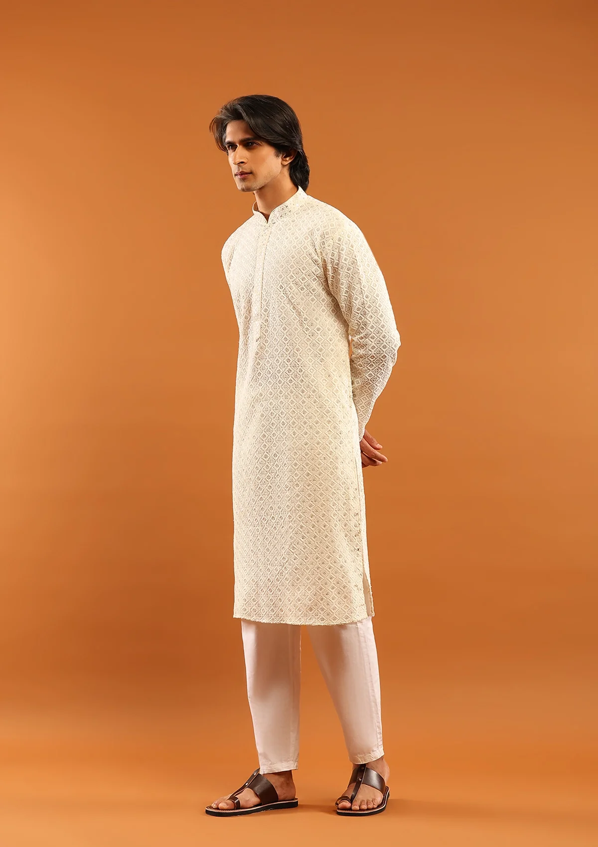 HOC Cotton Embroidered With Sequins Solid Men's Long Kurta- Cream - Healthber