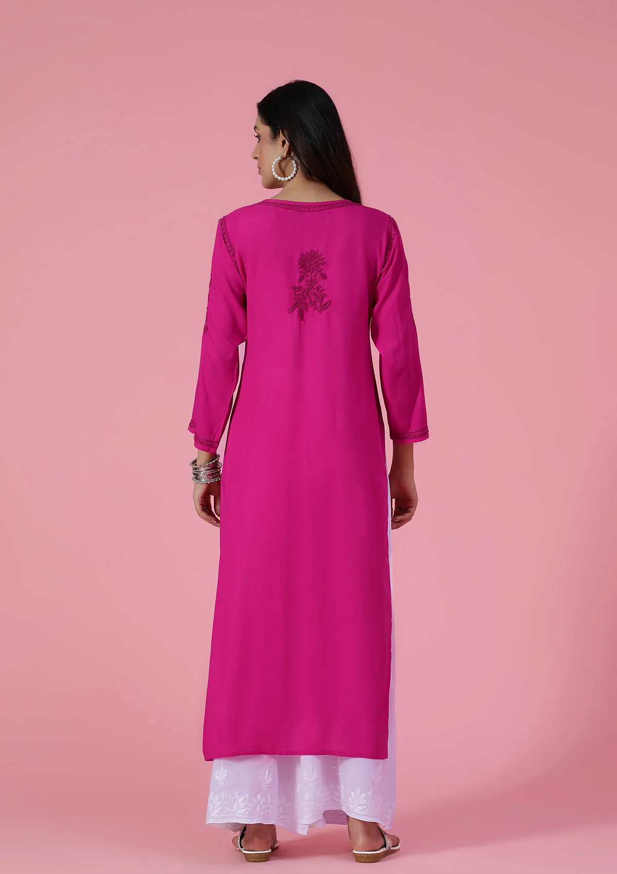 HOC Rayon Chikankari Solid Women's Long Kurta - Pink - Healthber