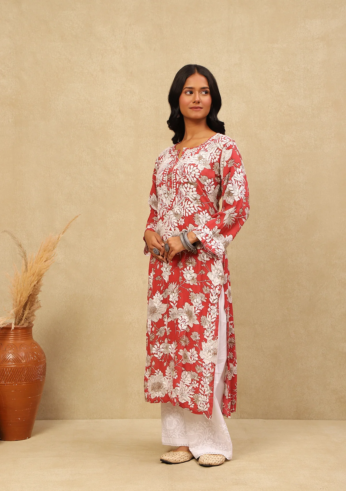 HOC Rayon Chikankari Printed Women's Long Kurta -Red - Healthber