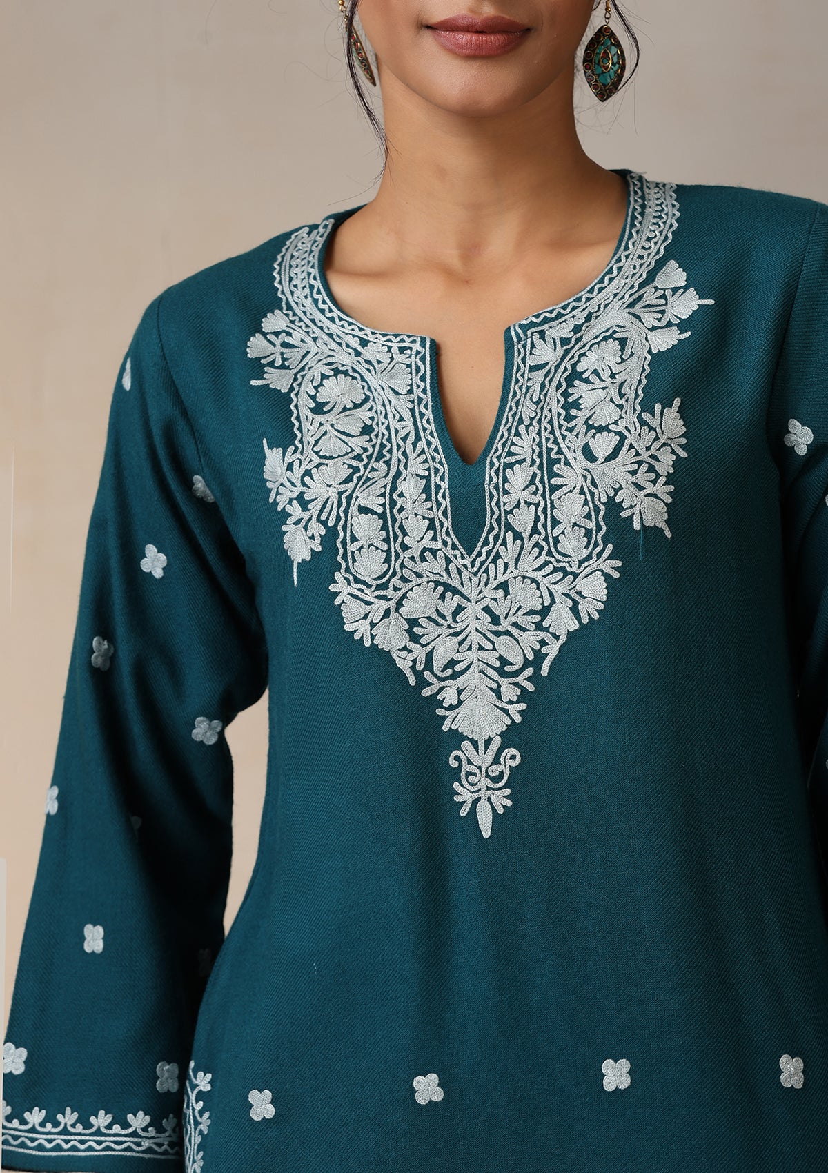 HOC Aari Embroidered Woollen Solid Women's Short Kurta - Teal - Healthber