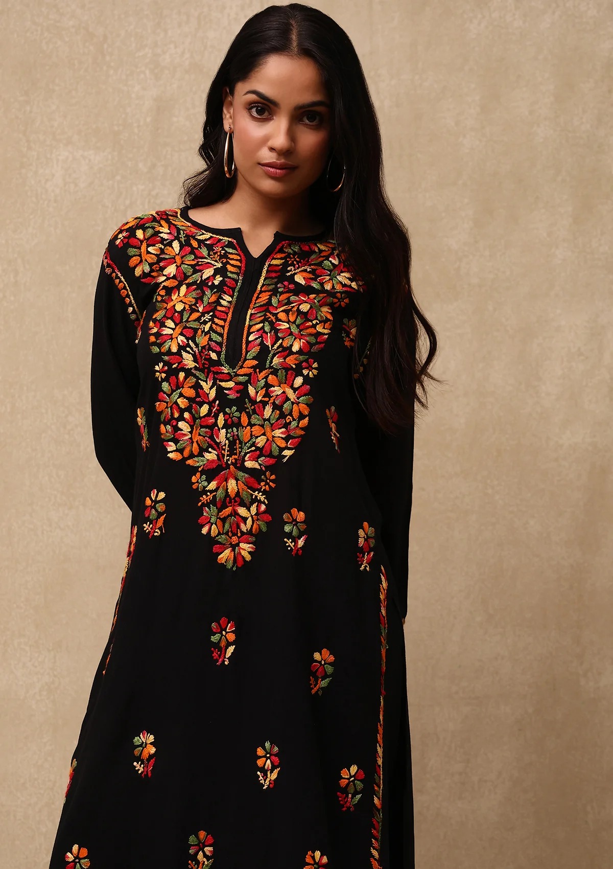 HOC Rayon Chikankari Solid Women's Long Kurta - Black - Healthber