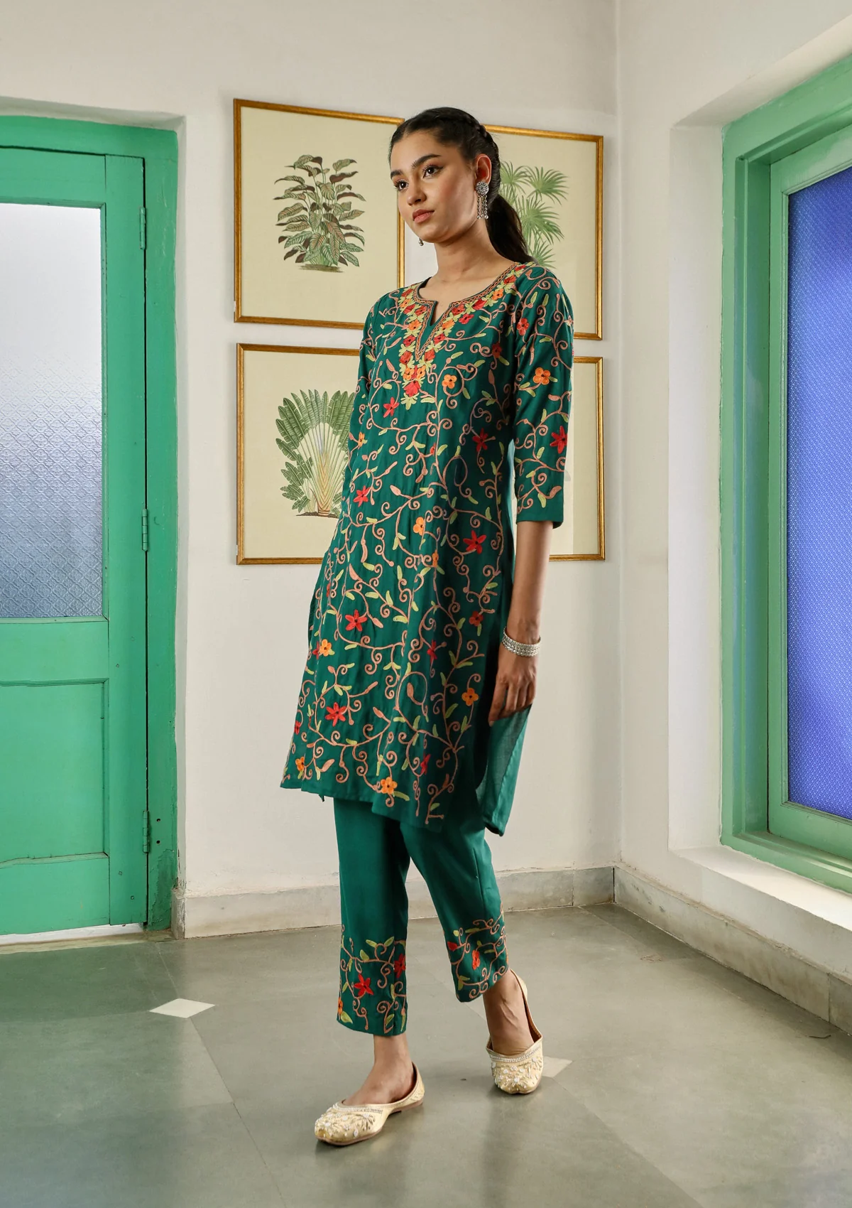 HOC Aari Embroidered Cotton Solid Women's 2PC Long Kurta Set - Teal Green - Healthber
