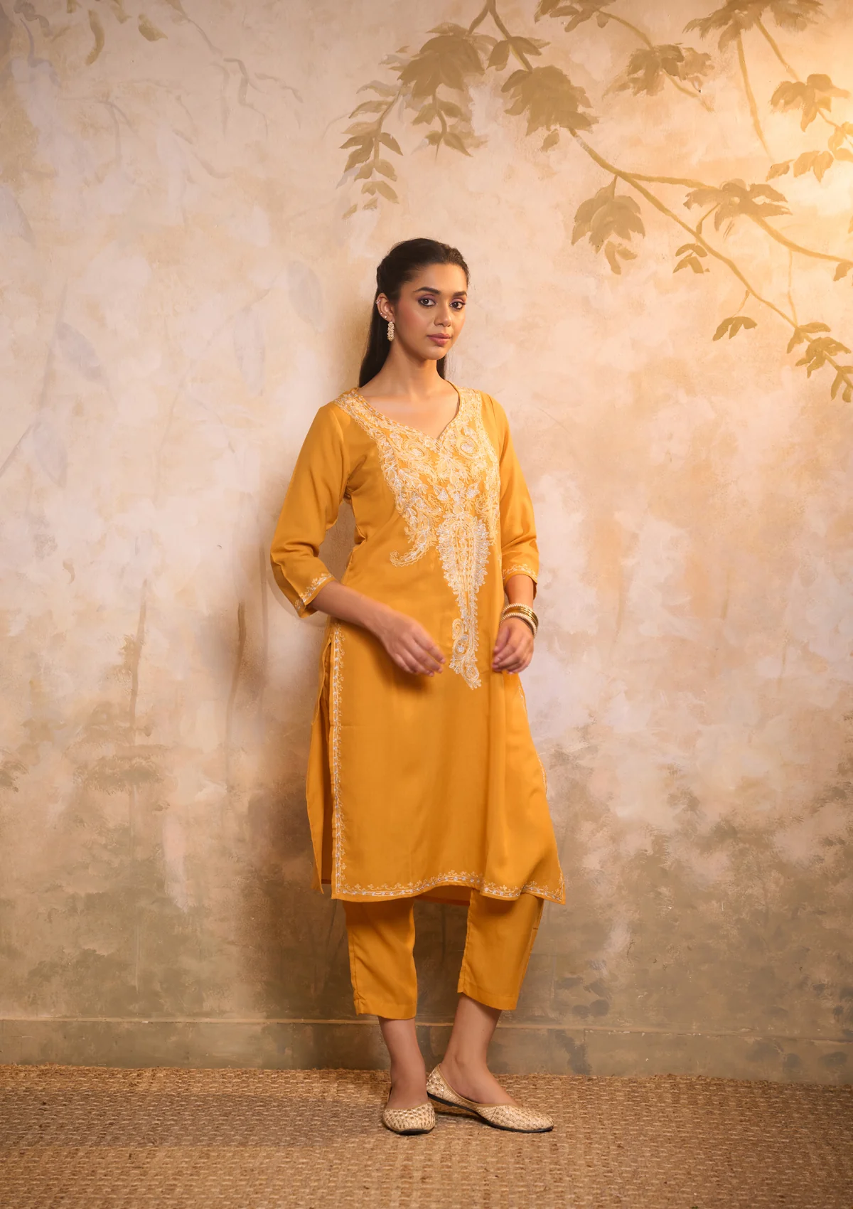 HOC Cotton Embroidered Aari With Zari Work Solid Women's 2 PC Long Kurta Set - Yellow - Healthber
