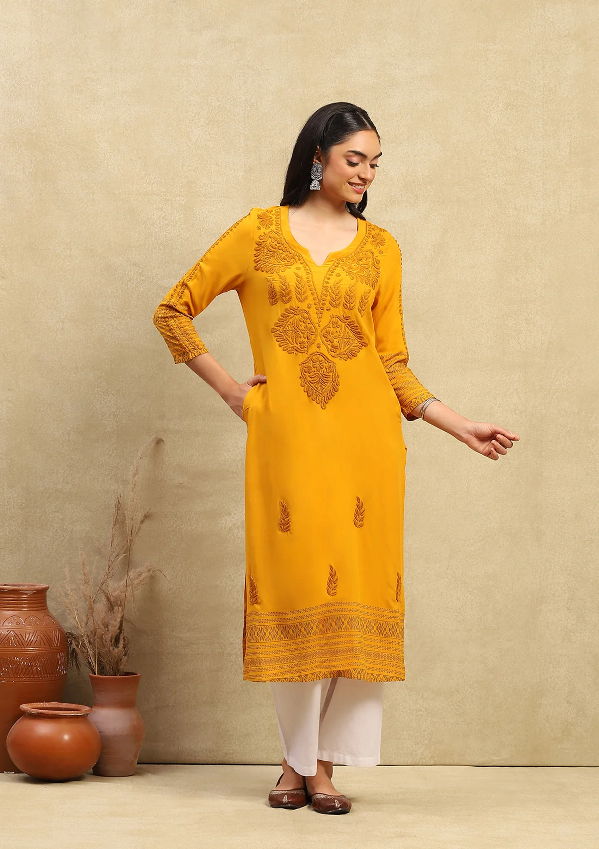 HOC Rayon Chikankari Printed Women's Long Kurta - Mustard Yellow - Healthber