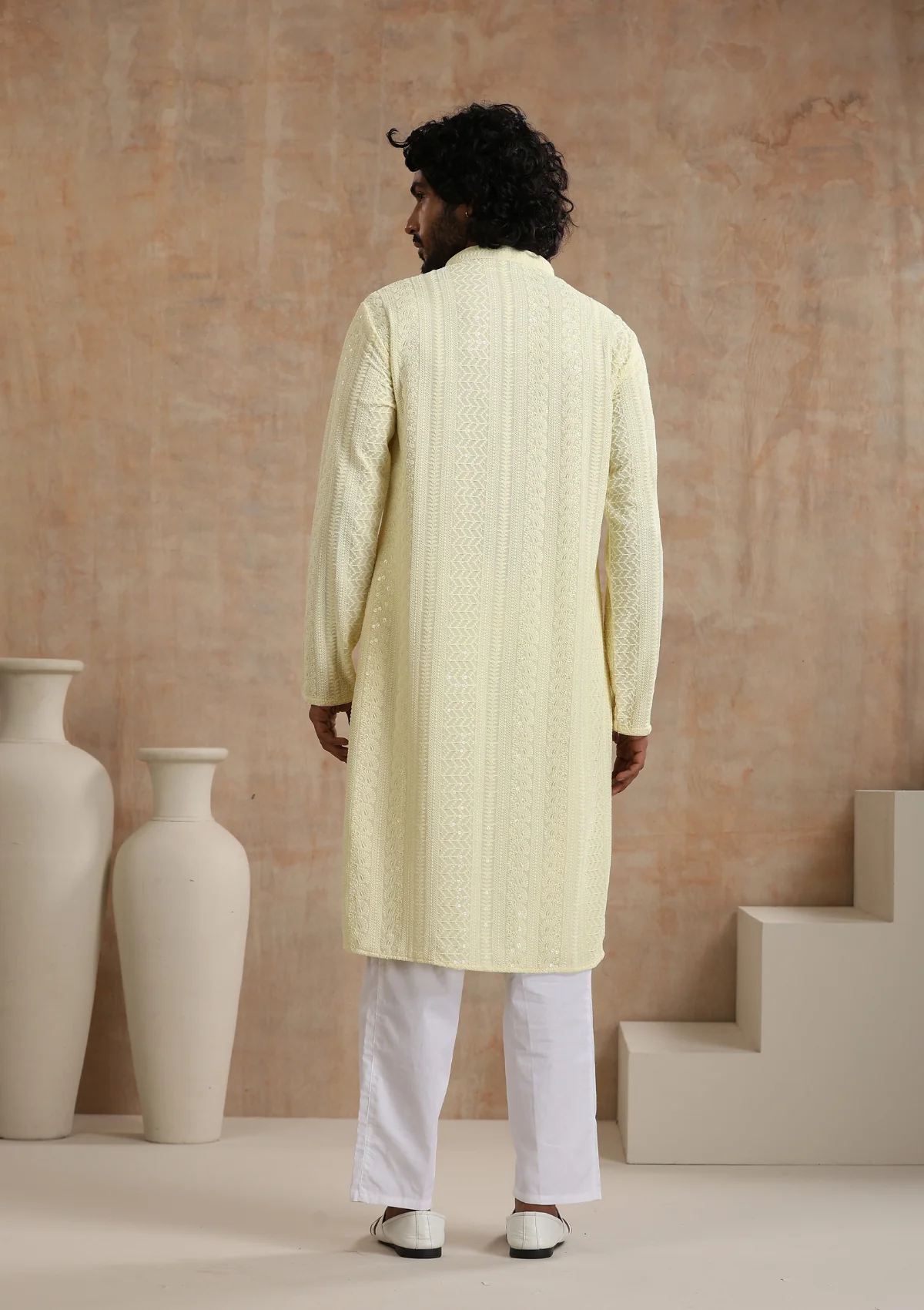 Rayon Schiffli Solid Men's Long Kurta- Cream - Healthber