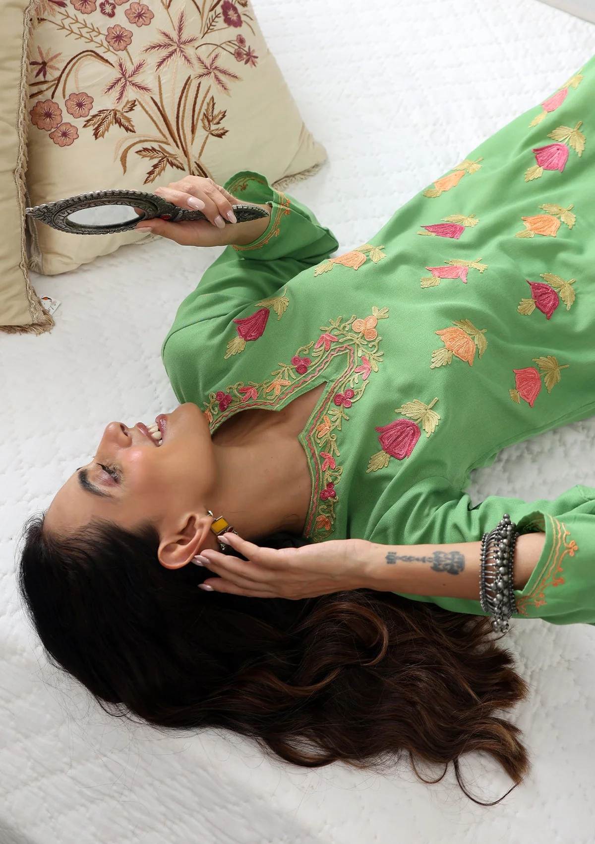 HOC Aari Embroidered Cotton Solid Women's Long Kurta - Green - Healthber