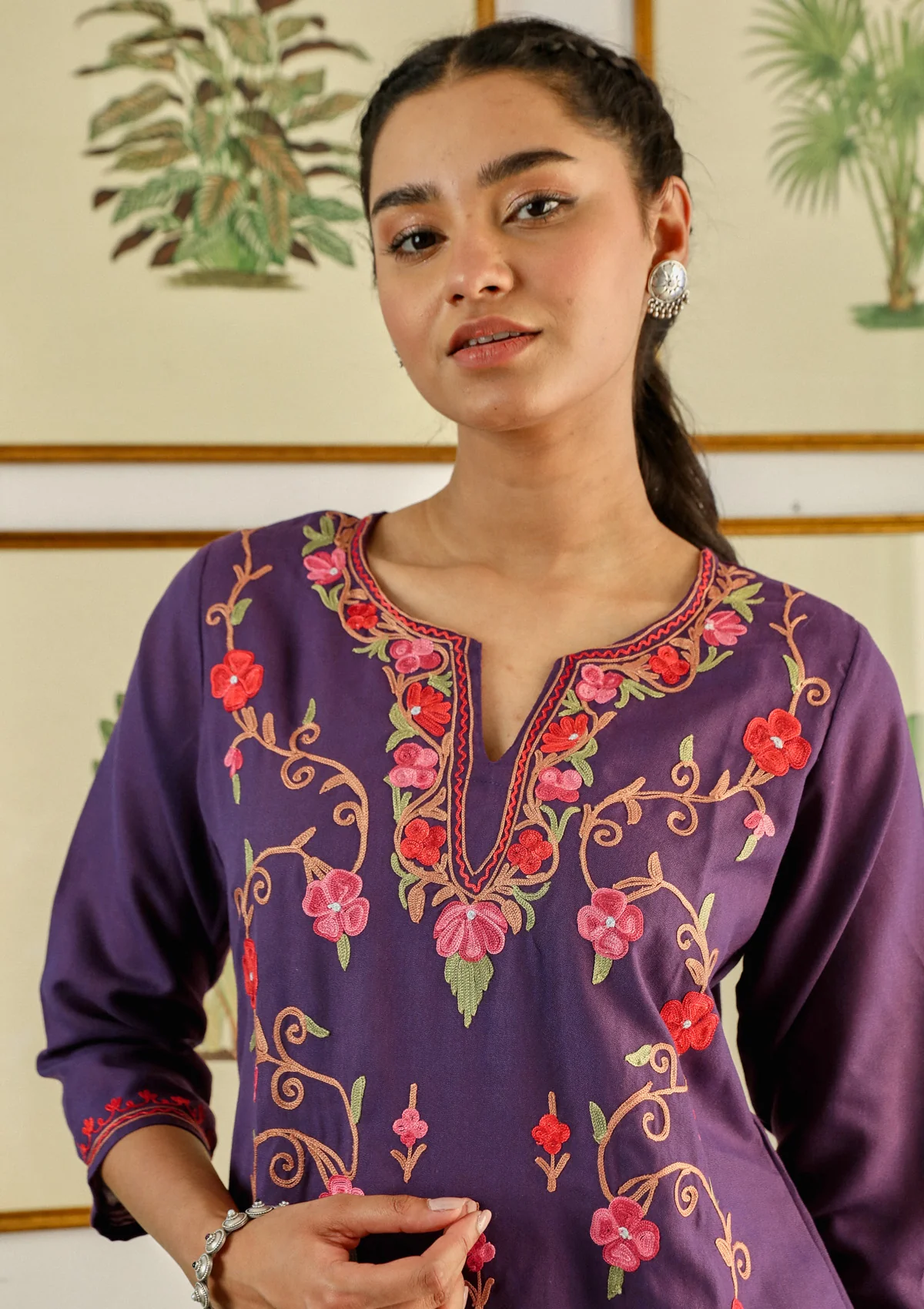 HOC Aari Embroidered Cotton Solid Women's Short Kurta -Purple - Healthber