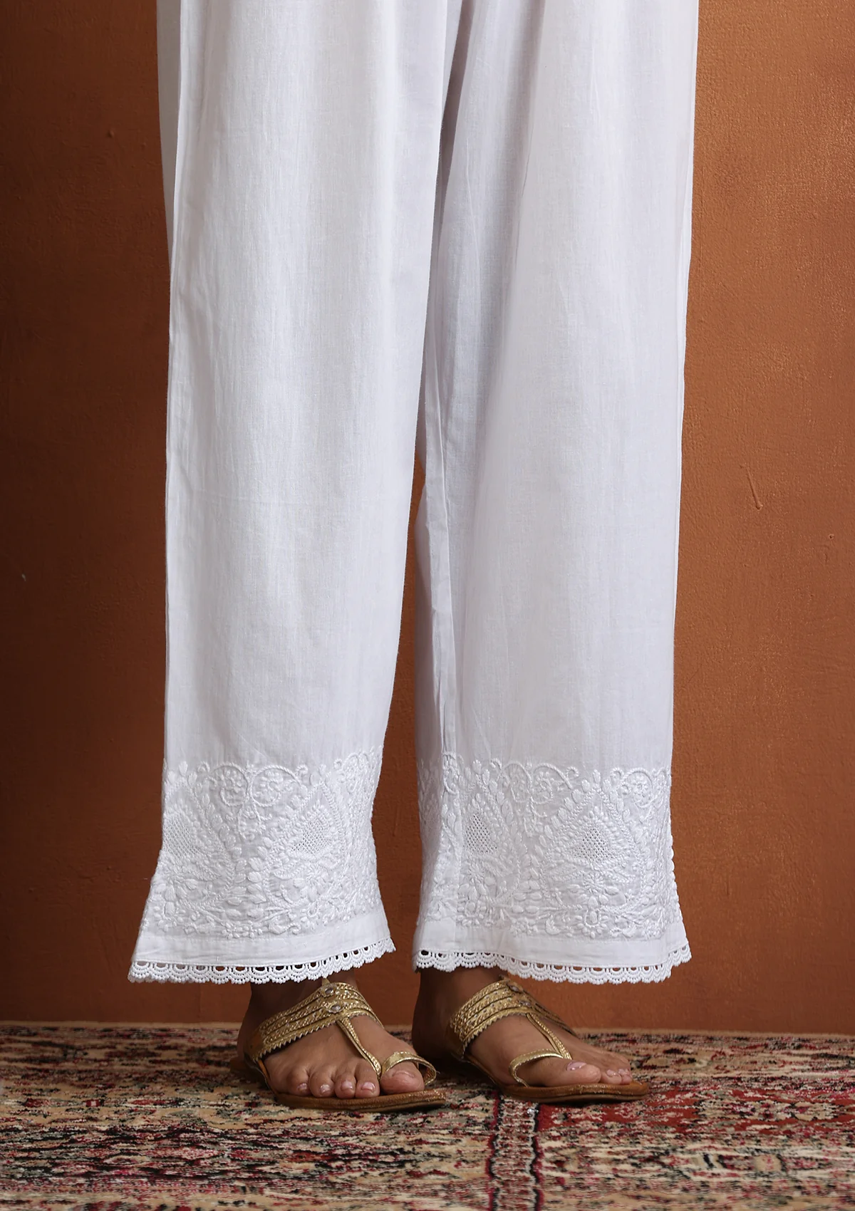 HOC Cotton Chikankari Solid Women's Palazzo With Lace - White - Healthber