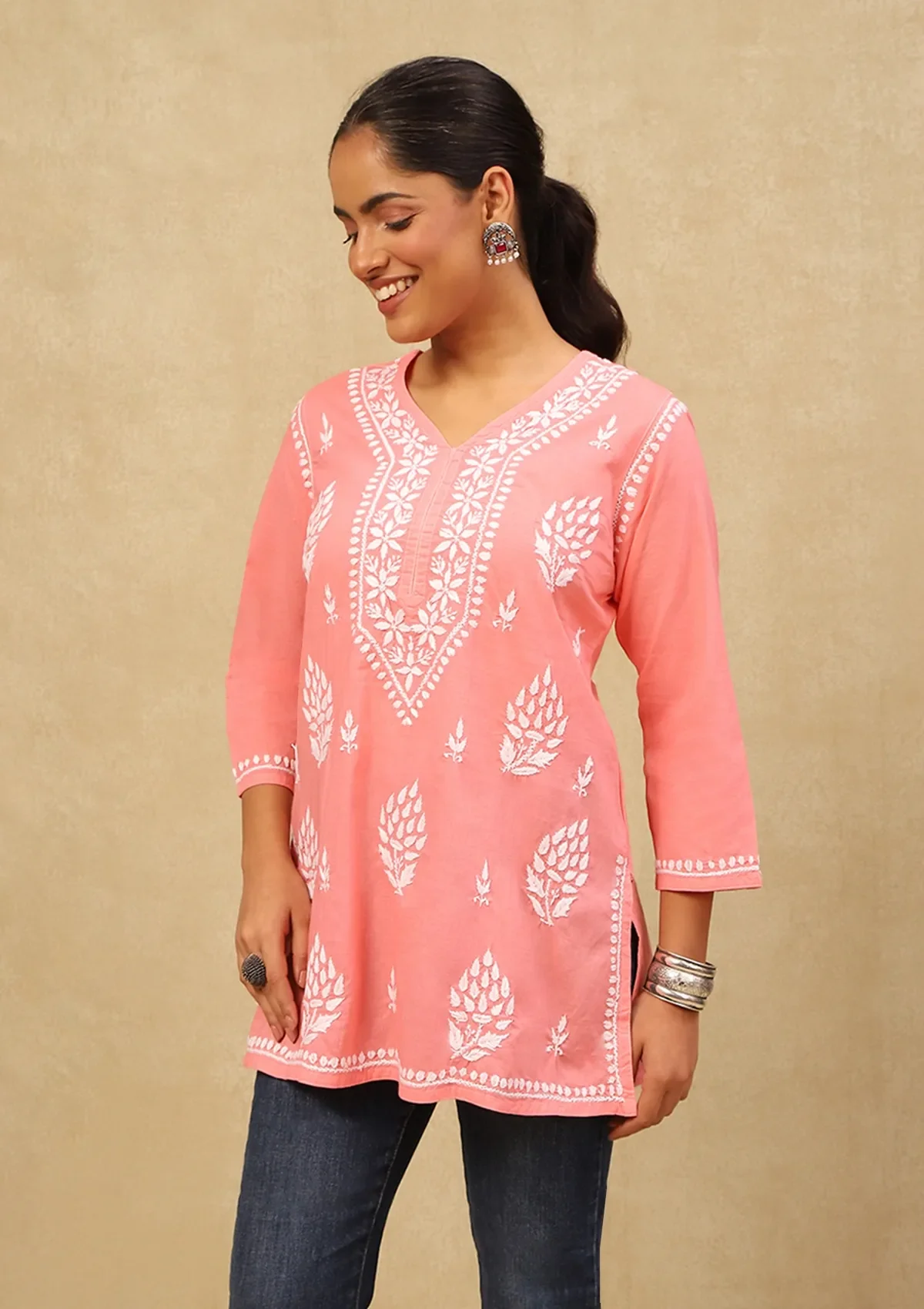 HOC Cotton Chikankari Solid Women's Short Kurta - Peach - Healthber