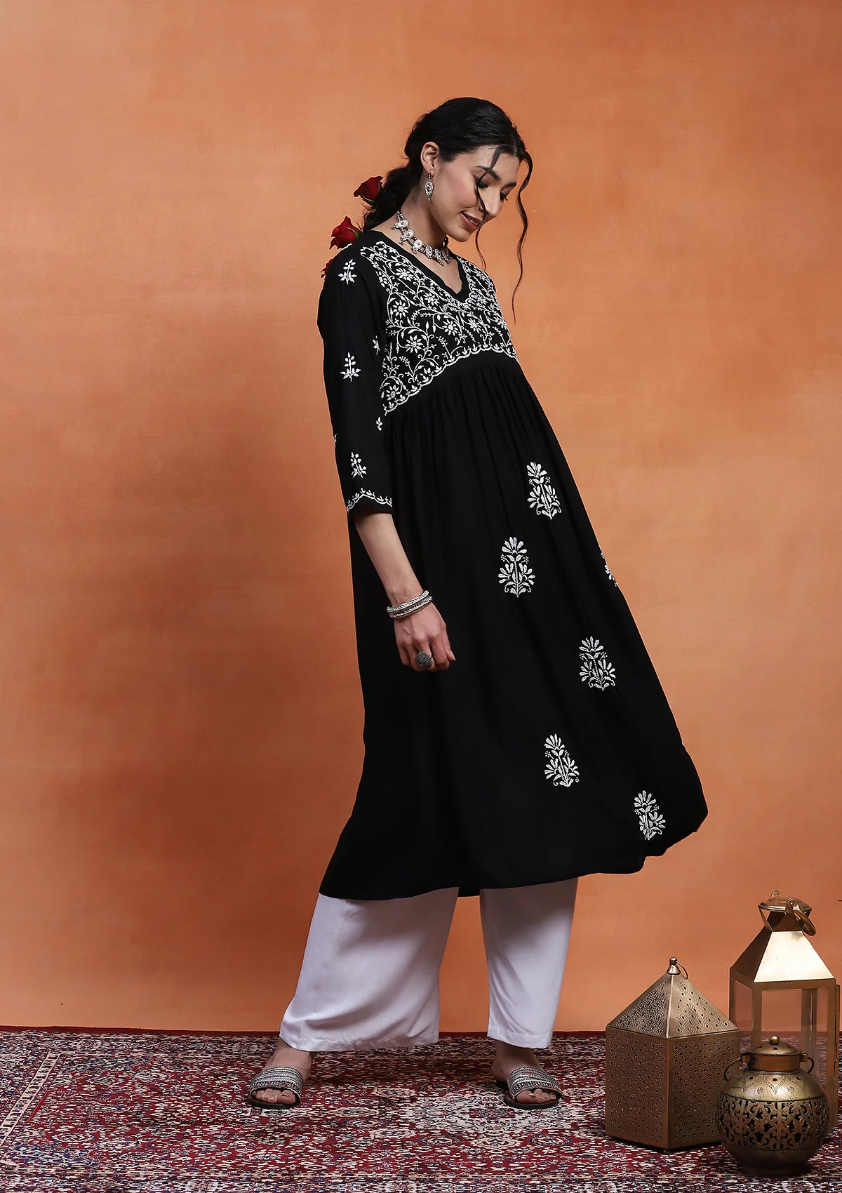 HOC Rayon Chikankari Solid Women's Long Kurta  - Black - Healthber
